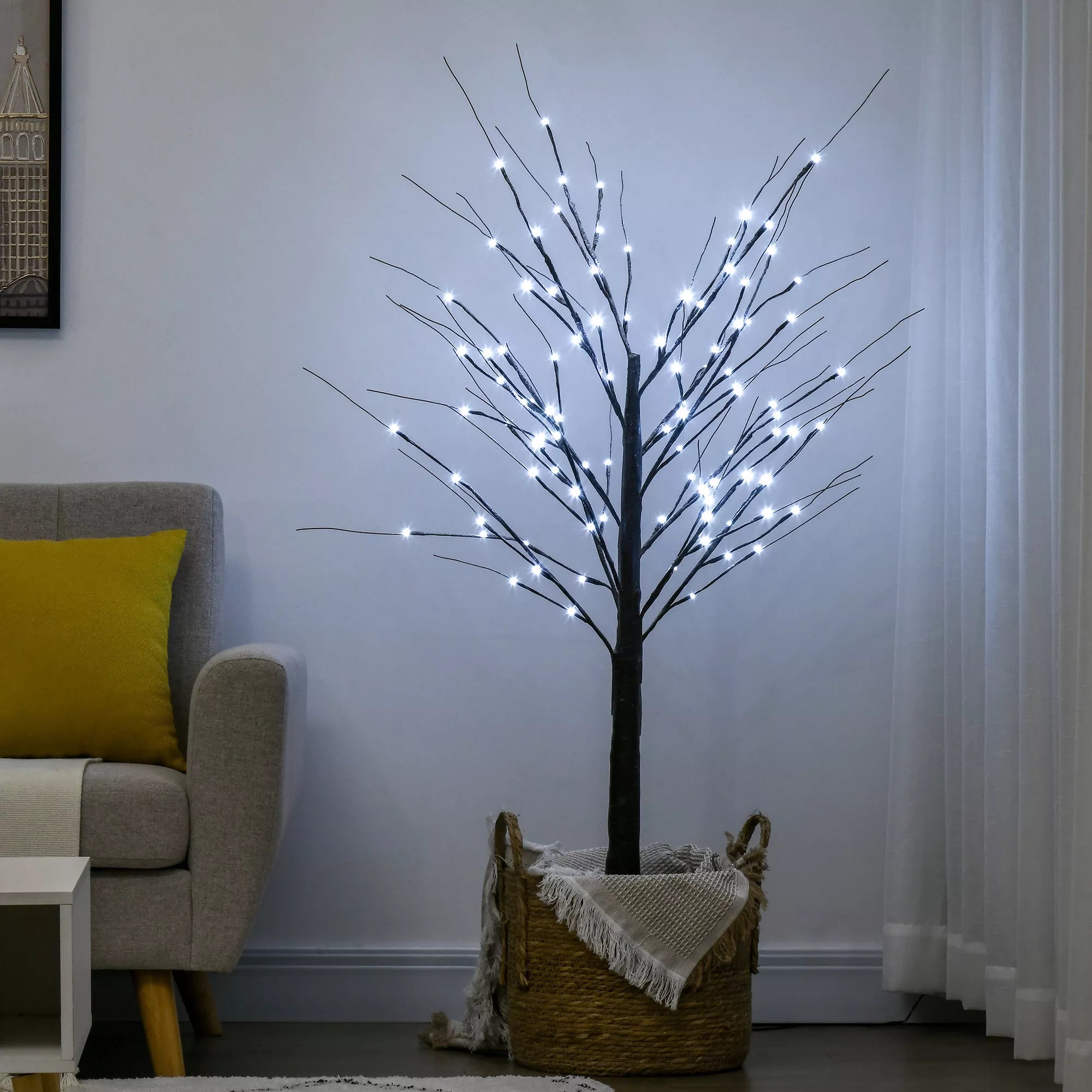 Dirbtinis beržas su LED apšvietimu, 96 šiltai baltos spalvos mikroskadinės LED lemputės, 150 cm, rudas