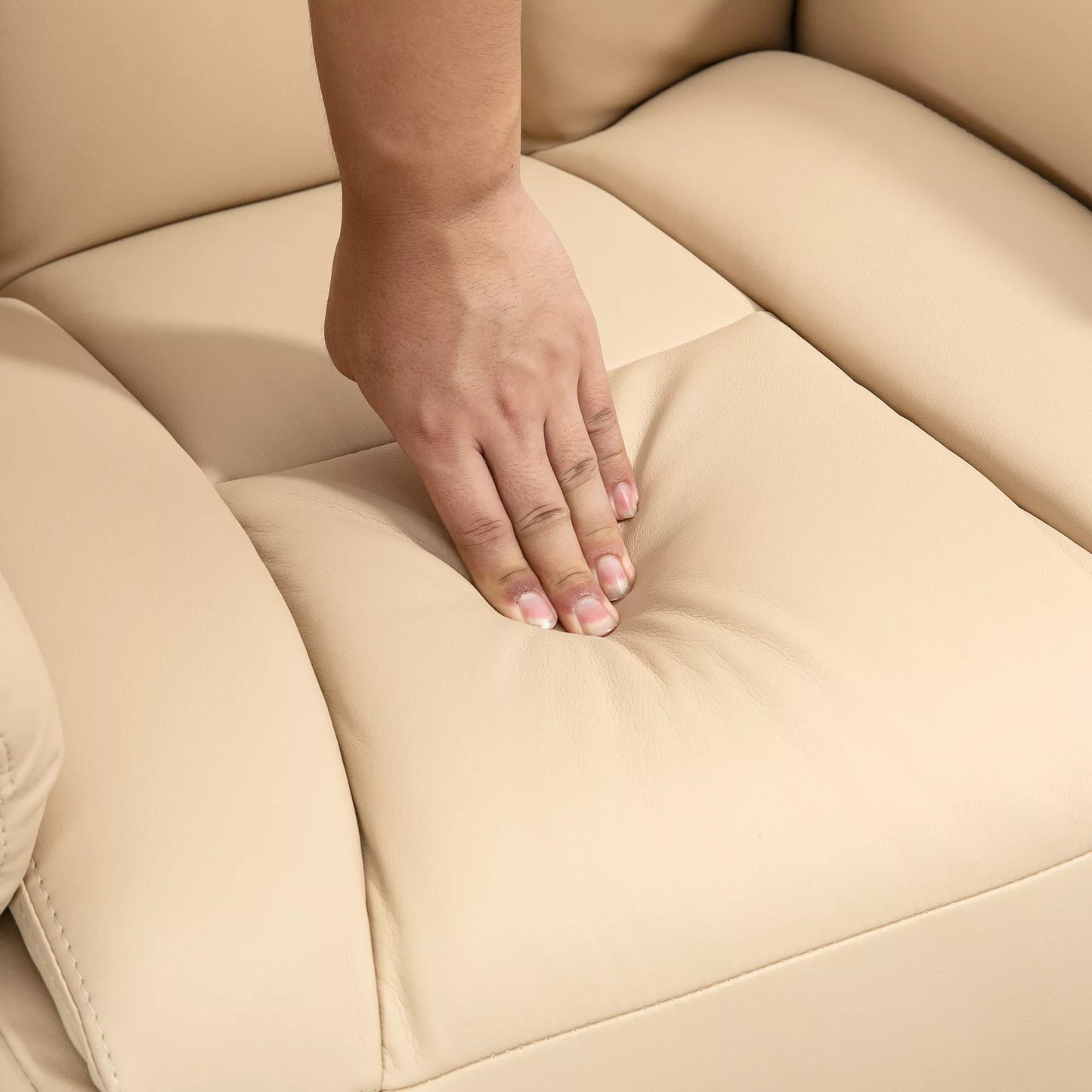 Relaksinis krėslas, miegamoji funkcija, odos imitacija, kojų atrama, iki 150 kg, 78 x 80 x 109 cm, smėlio spalvos