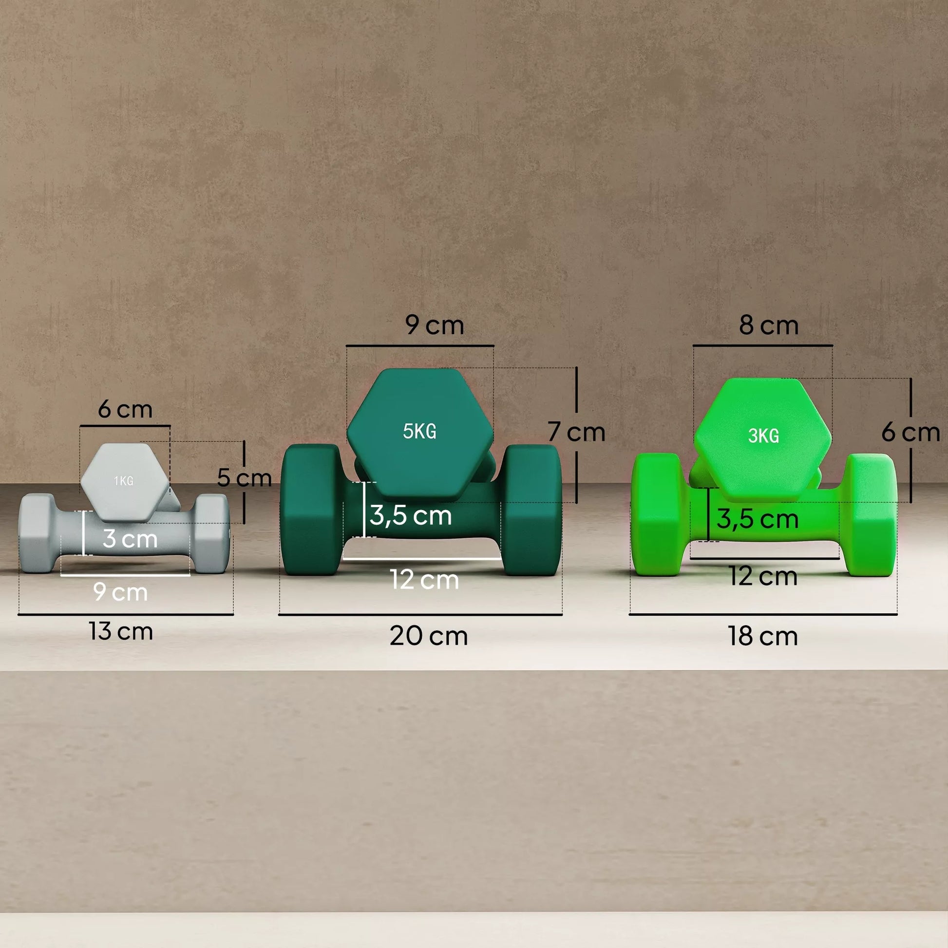 Hantelių rinkinys su laikymo stovu, 6 hantelių komplektas fitneso treniruotėms, 2 x 1kg, 2 x 3kg, 2 x 5kg