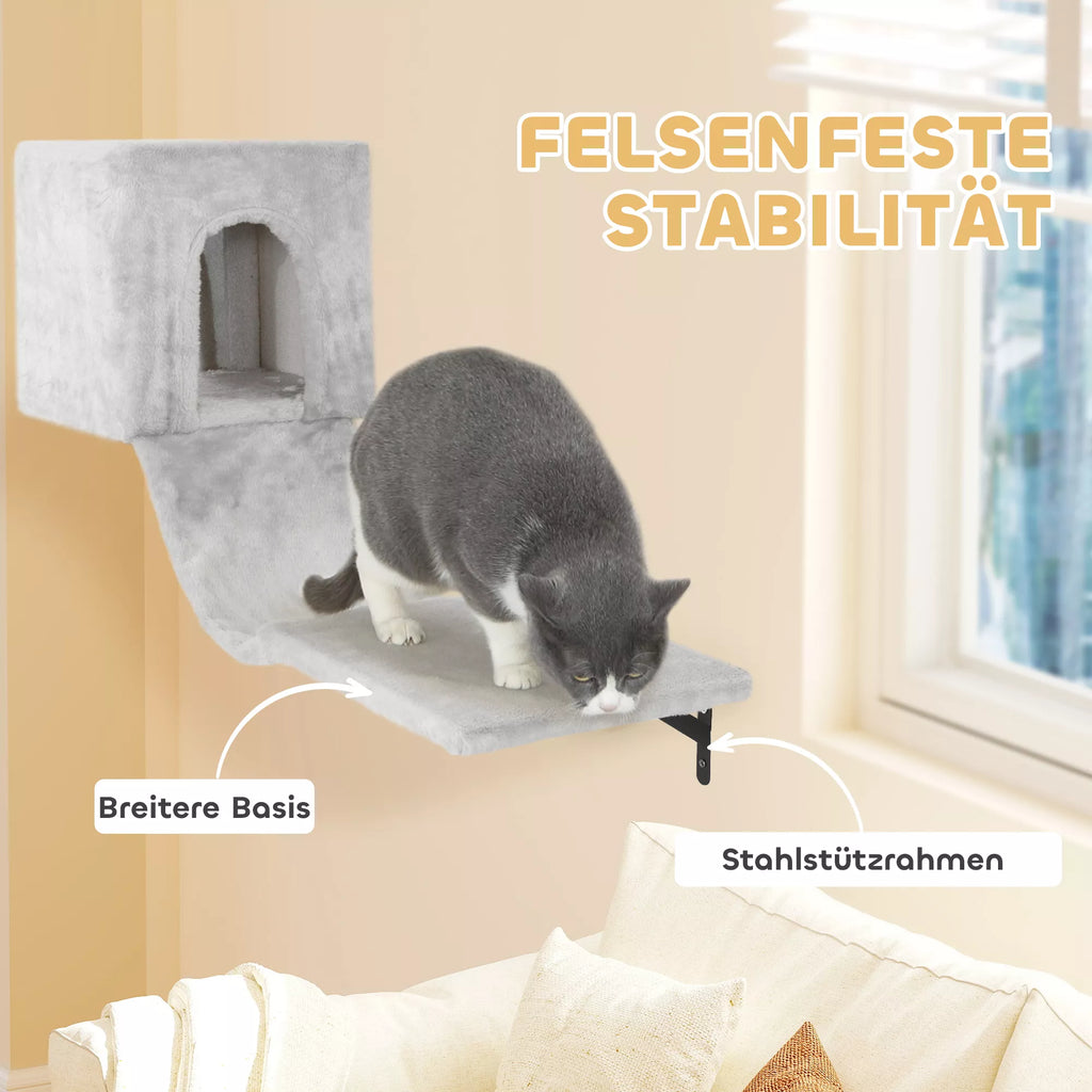 Laipiojimo siena katėms, 6 dalių Katėms skirtas laipiojimo sienos rinkinys su nameliu, hamaku, platforma ir draskyklėle, pilkos spalvos