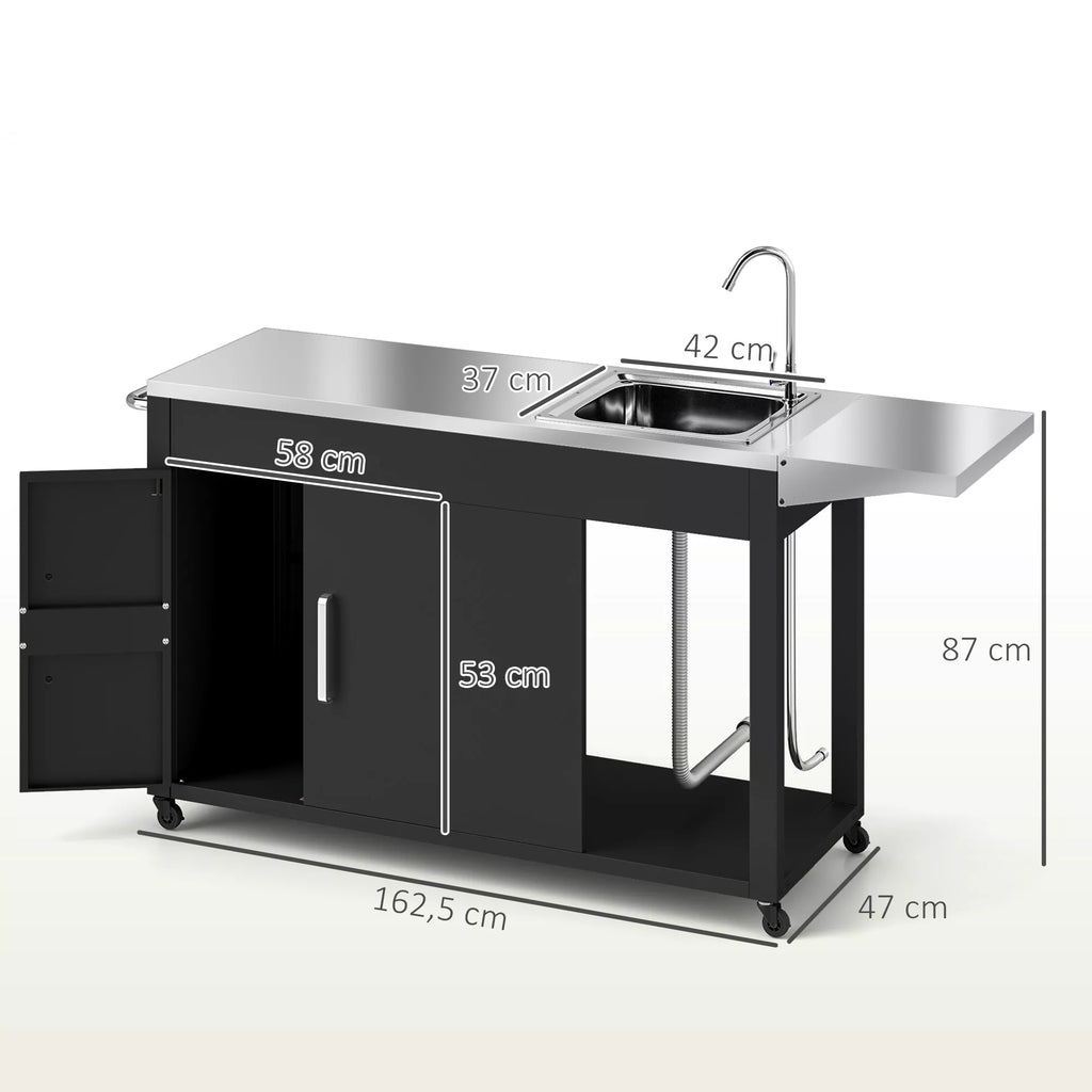 Grillwagen Servierwagen su darbo paviršiumi Šoninė lentelė Spintelė Kriauklė Ratai, nerūdijantis plienas 162,5x47x87cm Juoda