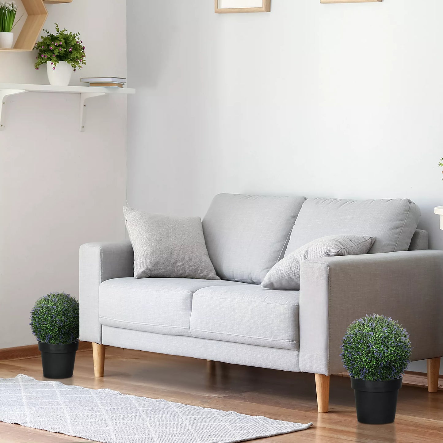 2 vnt. dirbtinių augalų rinkinys rutulio formos, atsparūs UV spinduliams, skirti naudoti viduje ir lauke, 42 cm, Žalia+Violetinė