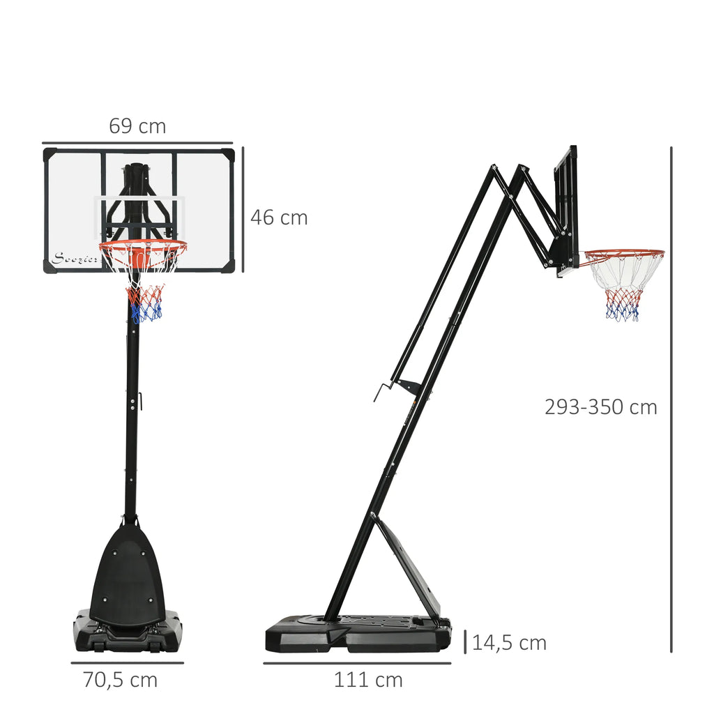 Krepšinio stovo schema su matmenimis 293–350, 111 ir 70,5 cm