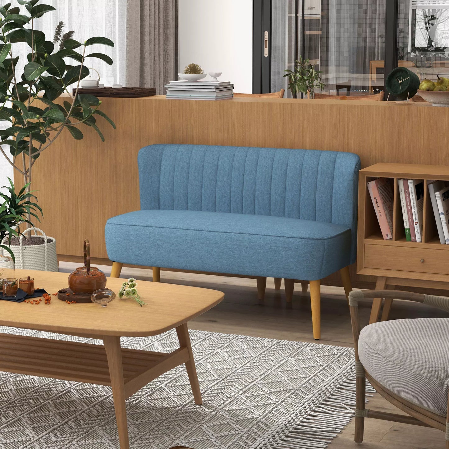 Dvigulė sofa retro stiliumi, minkšta apmušalai, lengvai prižiūrimas užvalkalas, iki 150 kg, 117 x 56,5 x 77 cm, mėlyna
