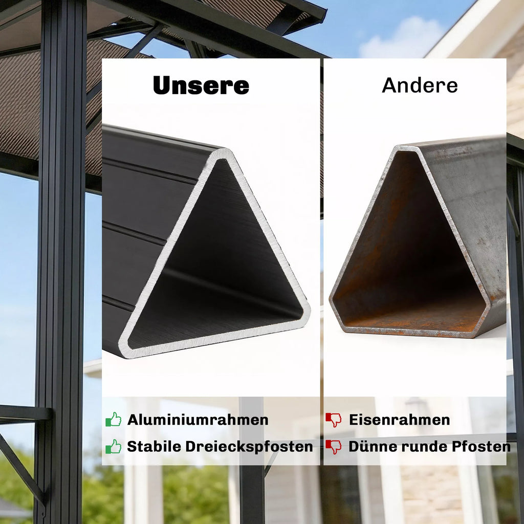 Grillpavillon 2,5 x 1,5 m, vandeniui atsparus grilio stogas su dvigubu polikarbonato stogu, šoninė lentynėlė, ruda spalva