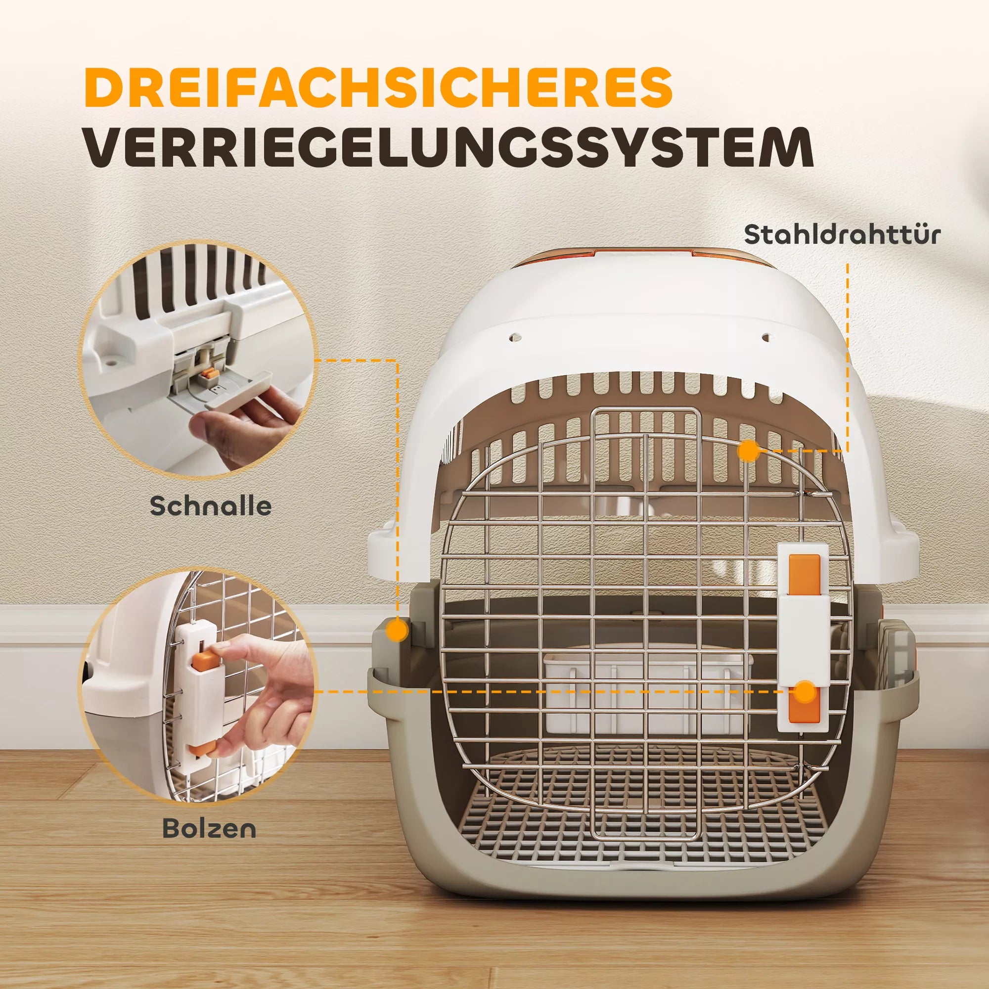 Transportavimo dėžė Šunų ir kačių transportavimo dėžė, skirta mažiesiems šunims iki 4 kg, su atverčiamu stogu ir maisto dubenėliu, 49x32x31 cm, šviesiai pilkos spalvos