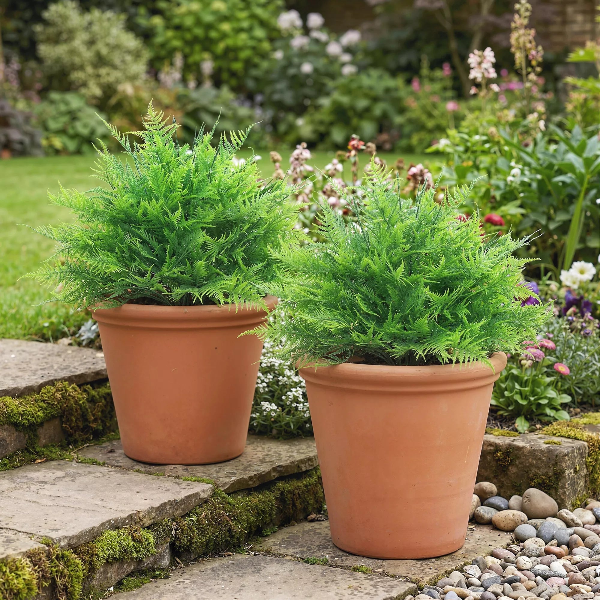 Dirbtiniai Bostono paparčio krūmai, atsparūs UV spinduliams, dirbtiniai augalai su strypais, 2 vnt. rinkinys, 60 cm, skirtas sodui, verandai