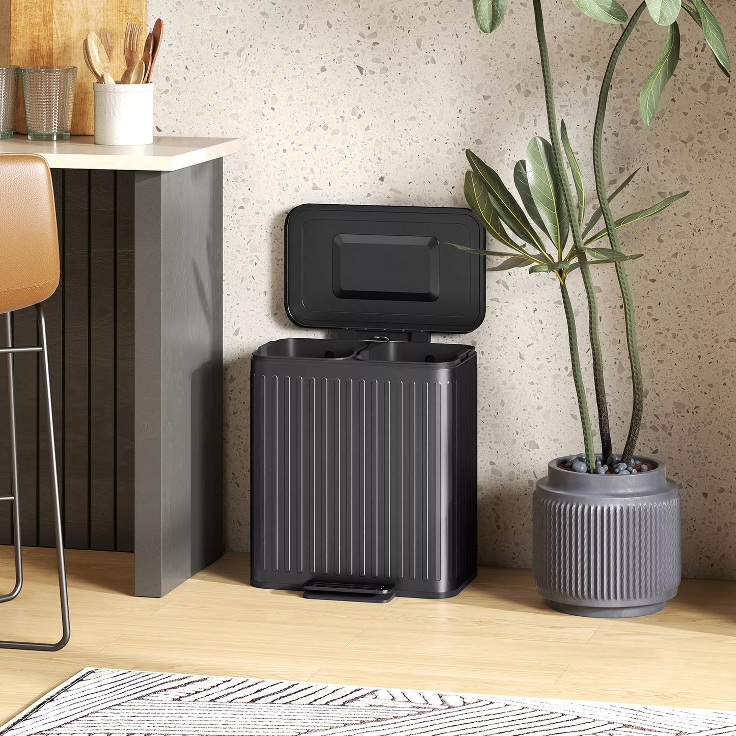 Virtuvės šiukšliadėžė, 2 x 20 l skyriai, efektyvus atliekų rūšiavimas, pėdos pedalas, plastikas, metalas, juoda spalva