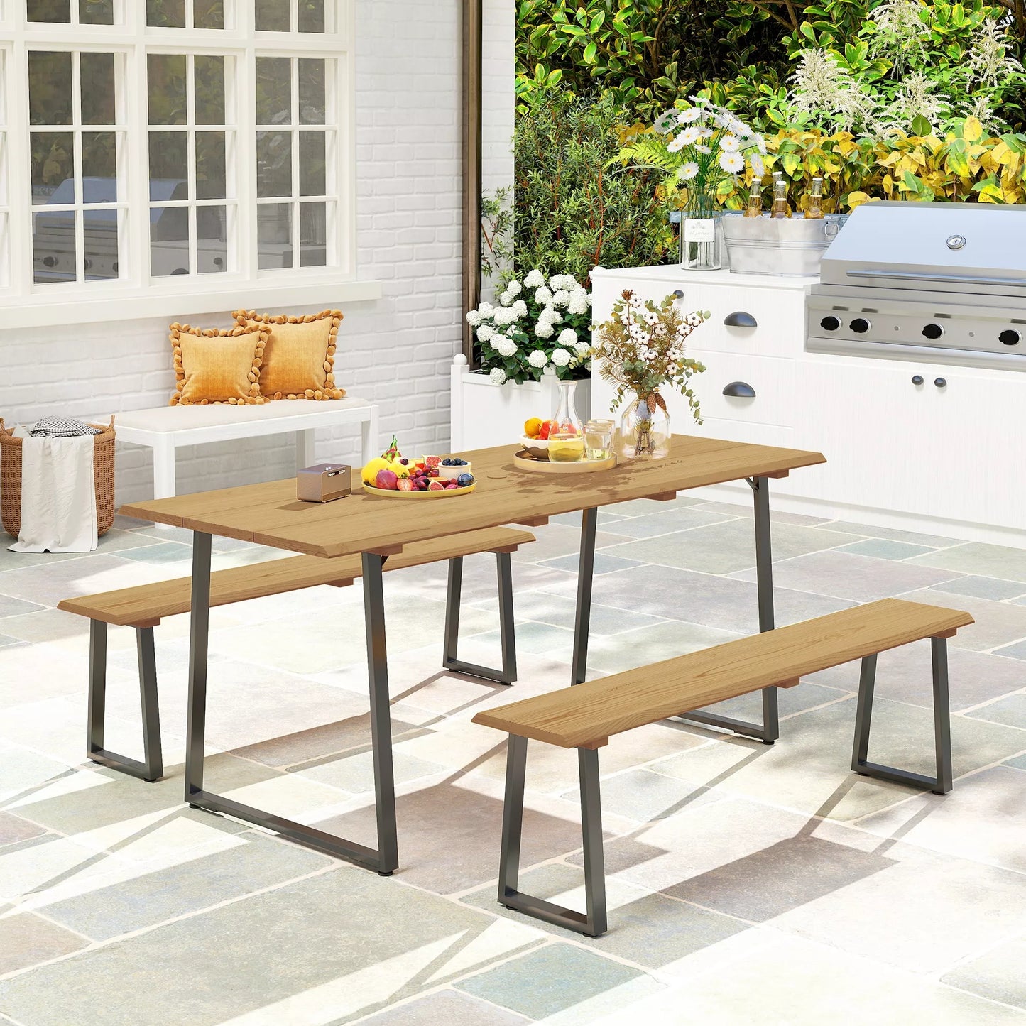 3 dalių medinė sėdimoji grupė, valgomojo komplektas 6 žmonėms, valgomasis stalas su 2 suoliukais, skylė skėčiui, medinis stalas 178 x 76 x 77 cm, natūrali mediena