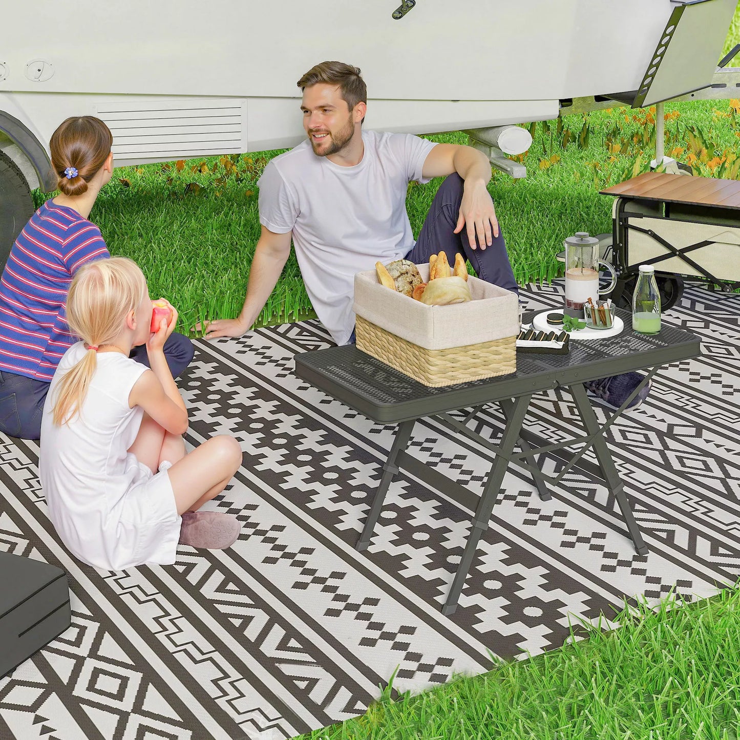 Sulankstomas aliumininis stovyklos staliukas, reguliuojamo aukščio, su metaliniu groteliu