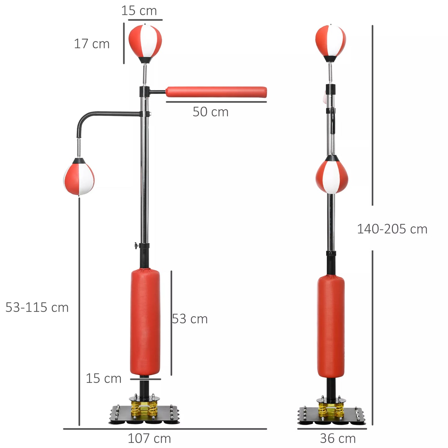 Bokso stendas, du speedball'ai, besisukanti bokso atrama, smūgio pagalvėlė, reguliuojamo aukščio, plienas, 107 x 36 x 140-205cm