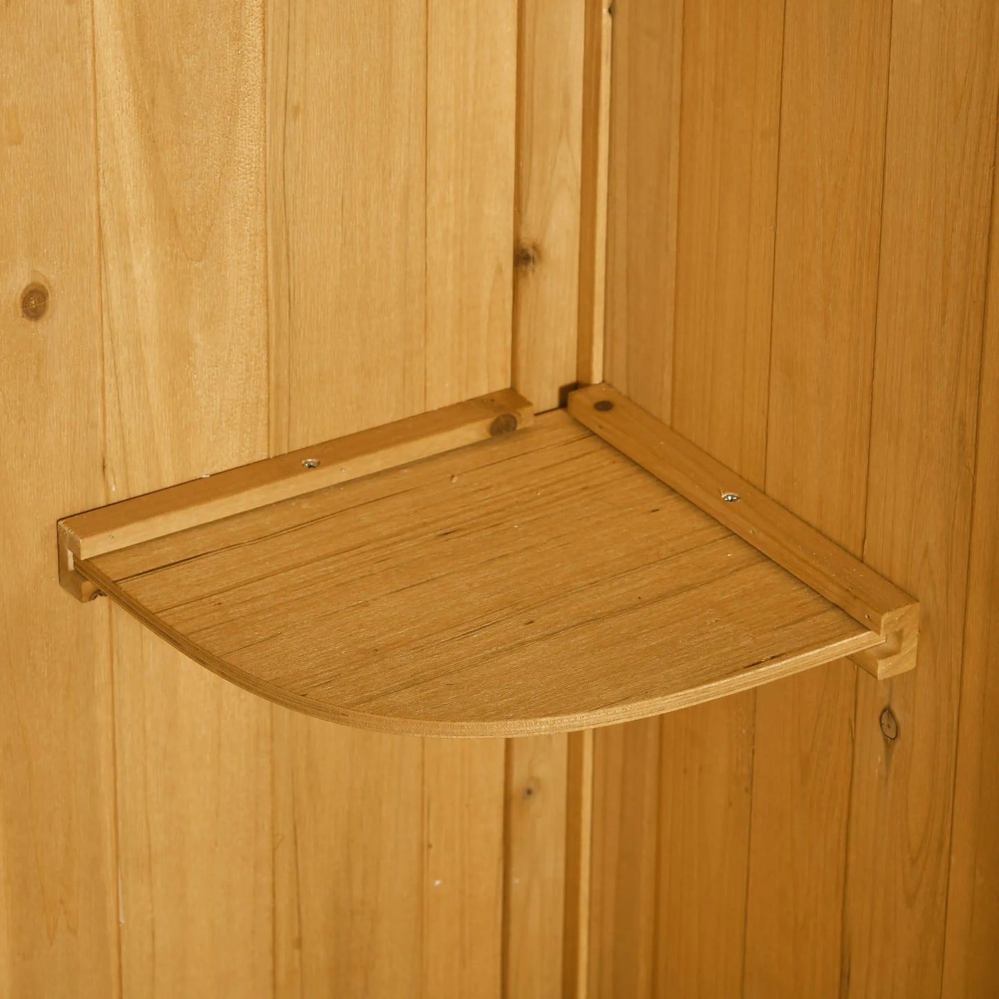 Sodo spintelė / namelis įrankiams su lentynomis, asfalto stogu, langu, medinis, geltonas+žalias, 77 x 54,2 x 179 cm