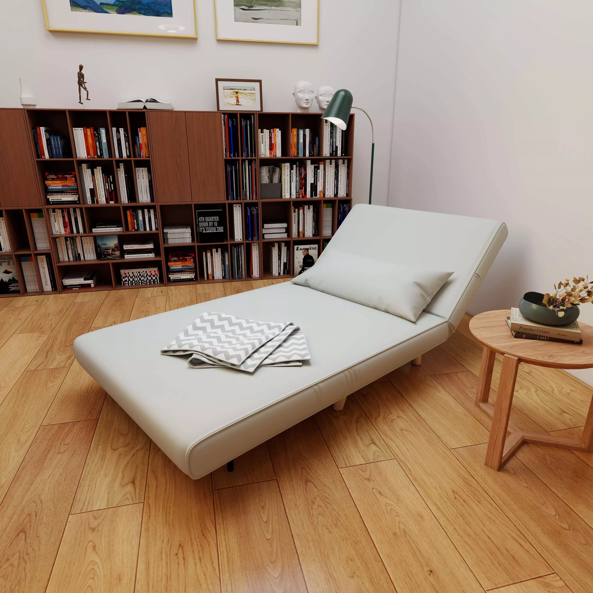 Viengulis miegamoji sofa-lova, sulankstoma sofa, reguliuojamas atlošas, poilsio lova, šiaurietiško/skandinaviško dizaino, 25D putplastis, namams, lino imitacija, kaučiukmedžio mediena, kreminė balta, 94 x 78 x 80 cm