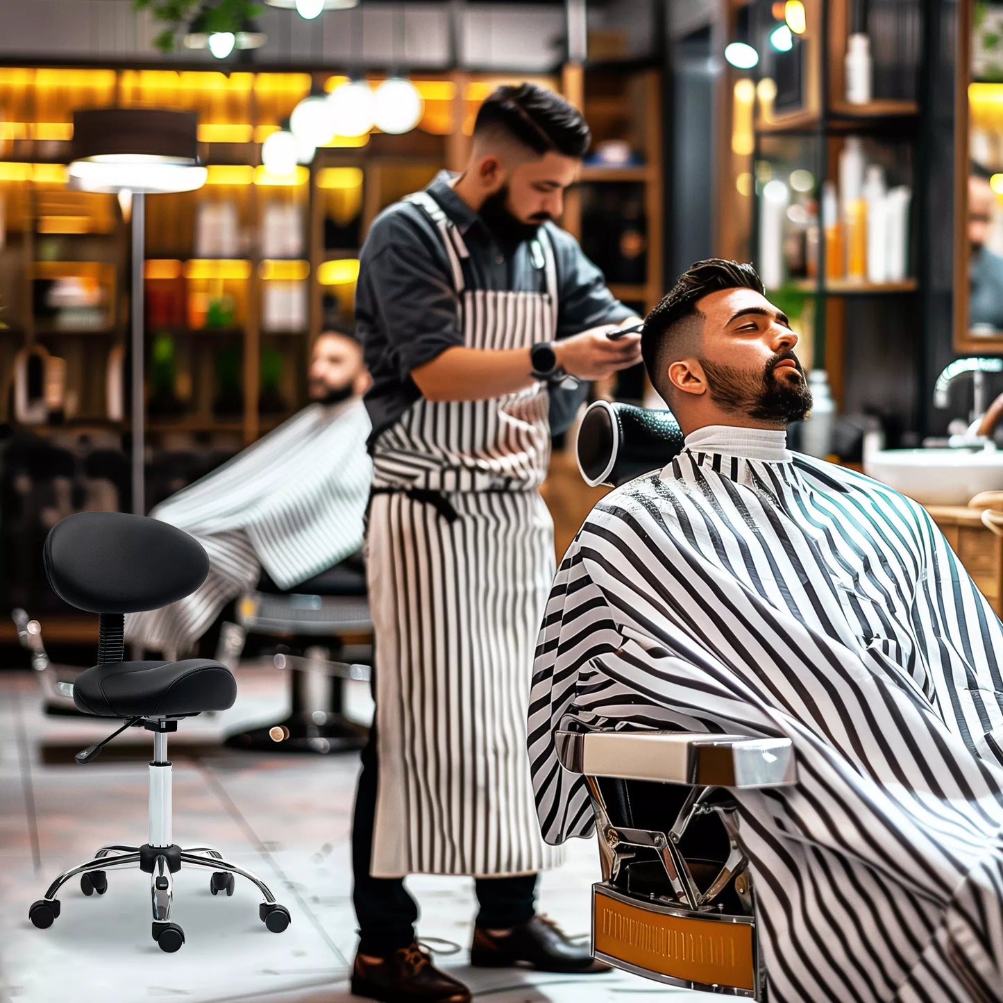 Reguliuojamo aukščio ratukinis taburetė su atlošu, 83-98 cm, 360° pasukama darbo taburetė biurui, salonui