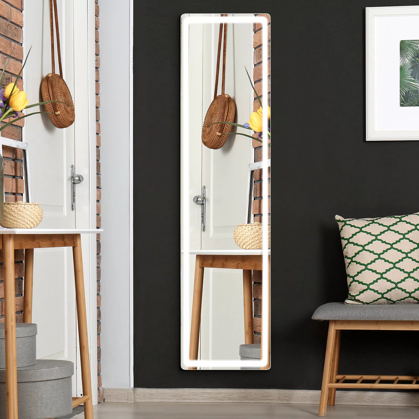 2-in-1 pastatomas veidrodis su LED apšvietimu, laisvai statomas, aliuminio, reguliuojamas apšvietimas, 40 cm x 37 cm x 157,5 cm