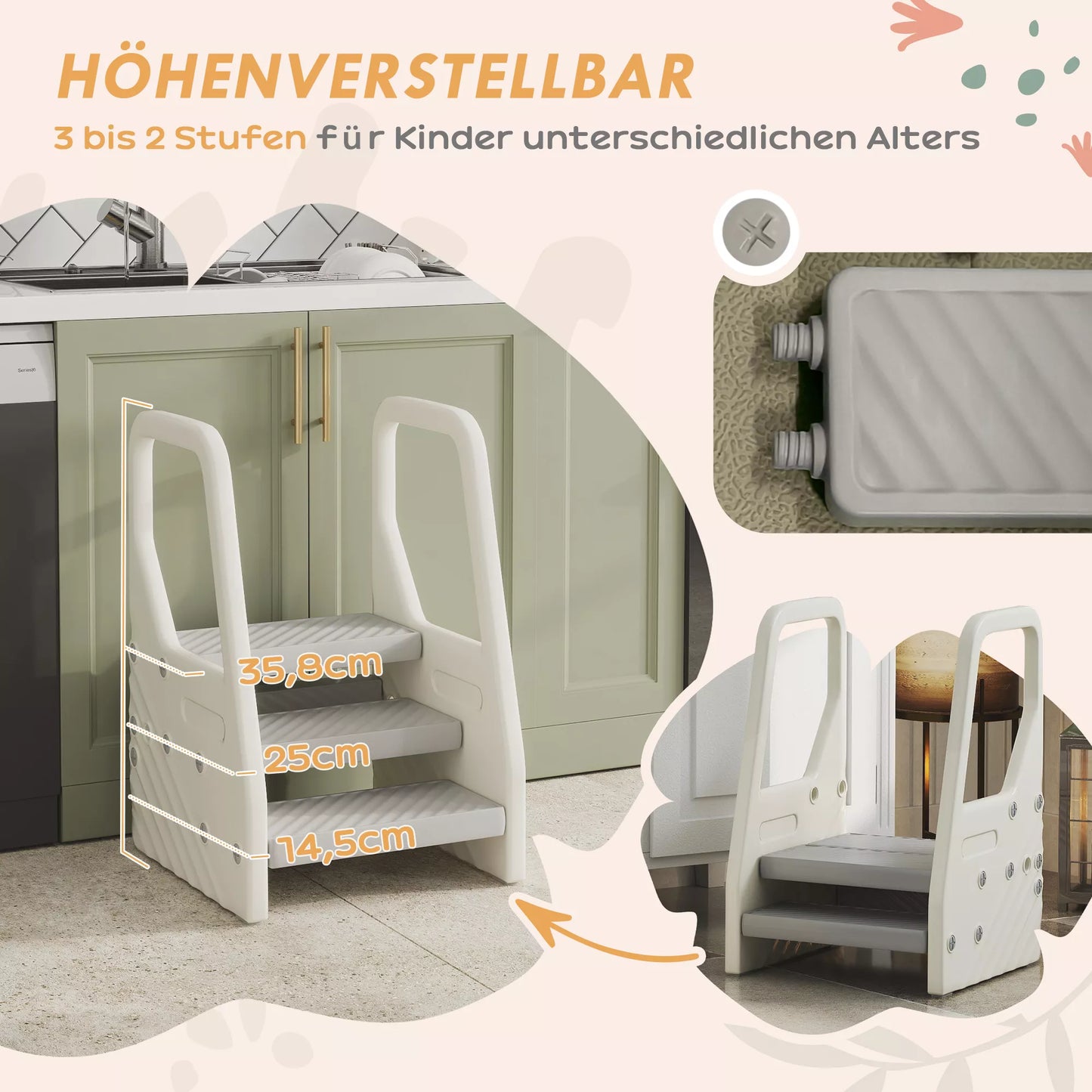 Vaikštiškas neslystantis pakojis su rankena, reguliuojamas iš 3 į 2 pakopas, tinkamas ivairioms patalpoms, pilkos spalvos, pagamintas iš plastiko.