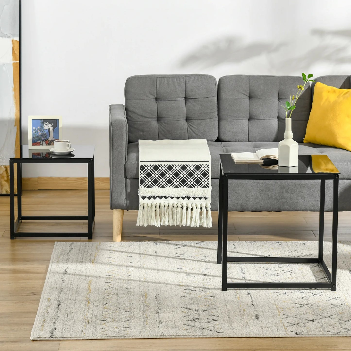 2 vnt. stalelių rinkinys, modernaus dizaino, sukraunami, stiklinis staliukas, juodas