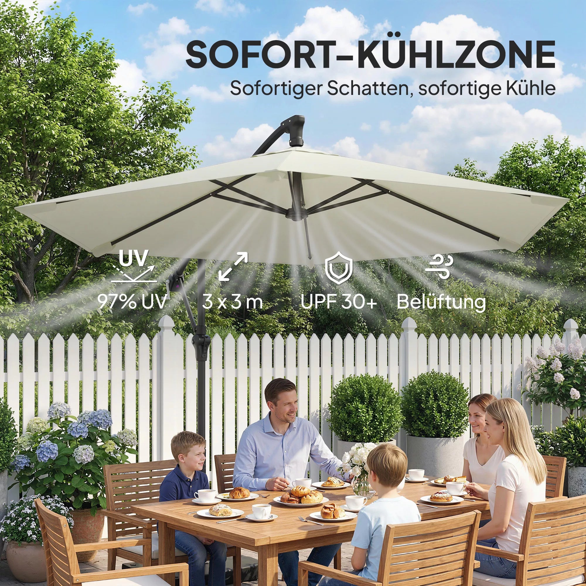 Skėtis su fiksavimo mechanizmu, skersmuo apie 300 cm, skėtis su rankine, stovas, svareliai, kreminė balta spalva