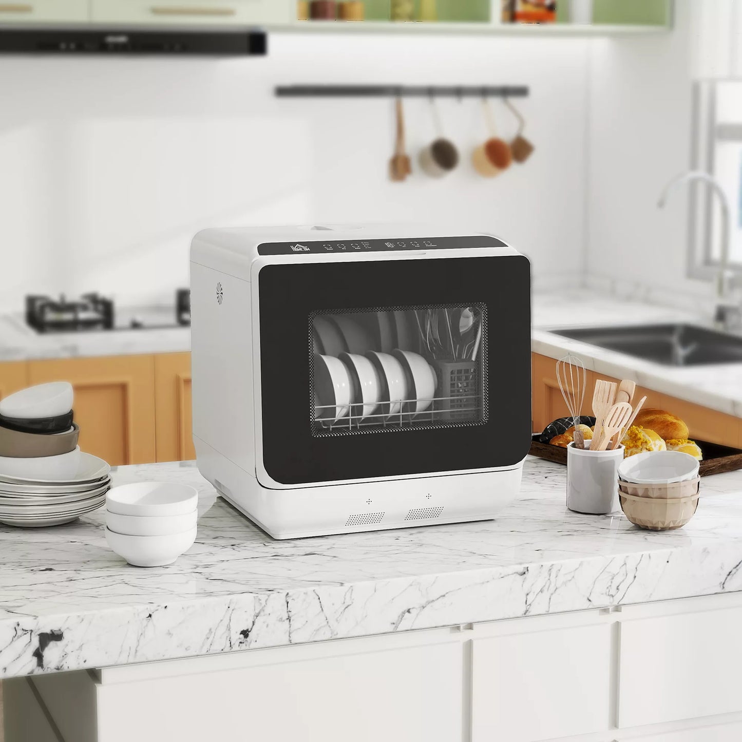 Stalo indaplovė, mini indaplovė su 6 litrų talpa, 5 programomis, LED ekranu, džiovinimo funkcija, balta