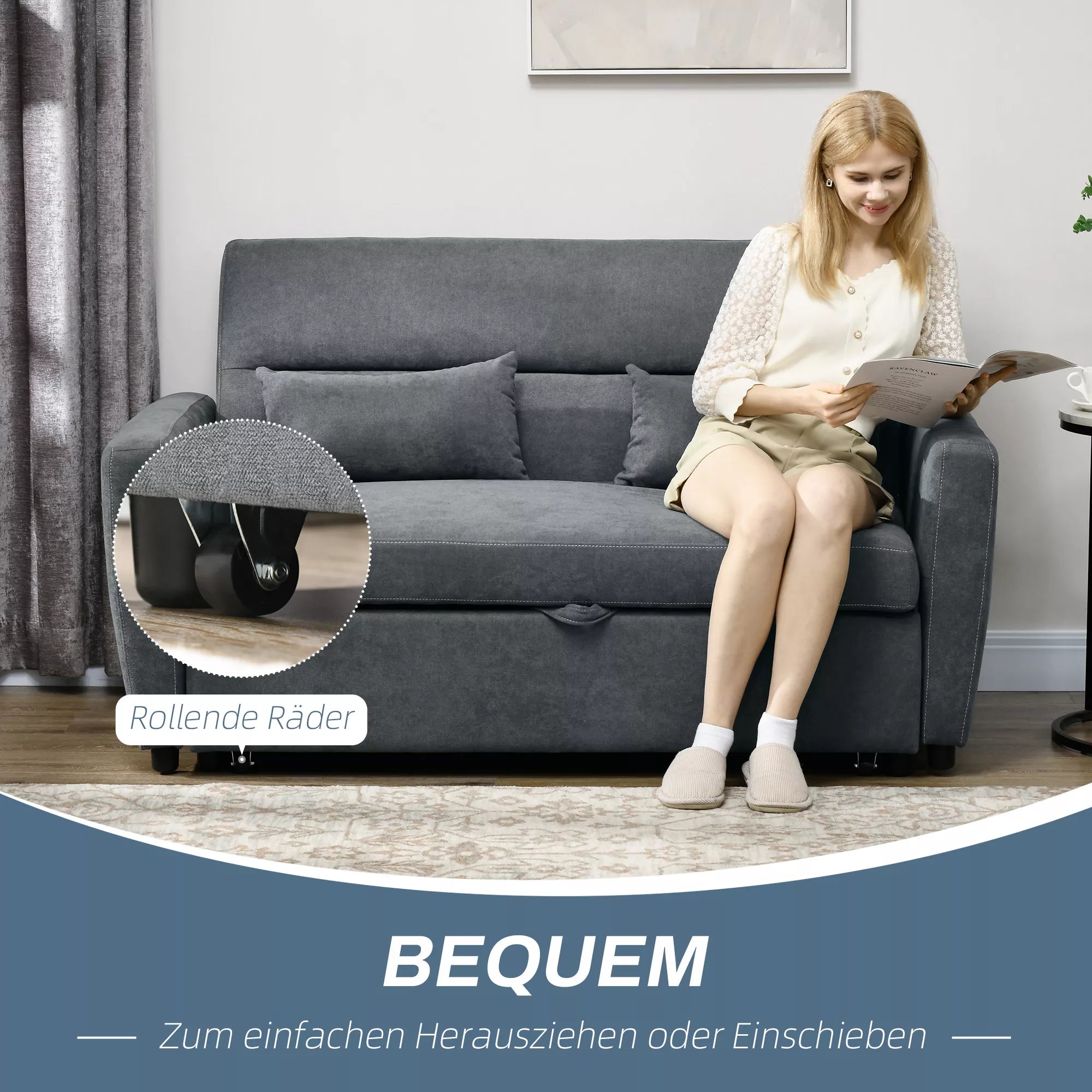 Miegamoji sofa, 2 vietų, išlankstoma, iki 200 kg, medinis rėmas, 155x90x88,5cm, tamsiai pilka