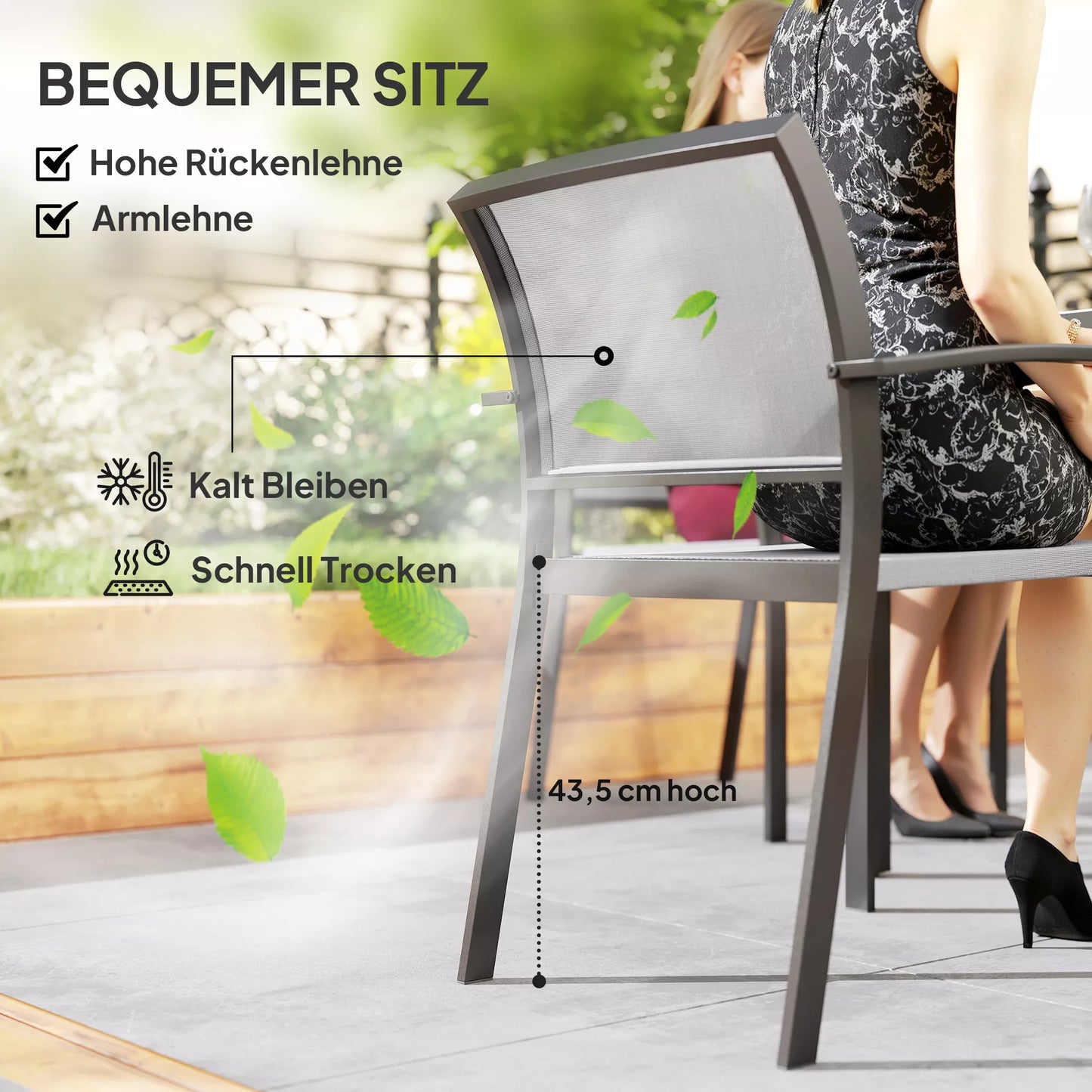 7 dalių valgomojo komplektas: 6 kėdės, 1 stalas, sudedamas, lengvai valomas, plieno rėmas, lauko baldų komplektas, pilkas