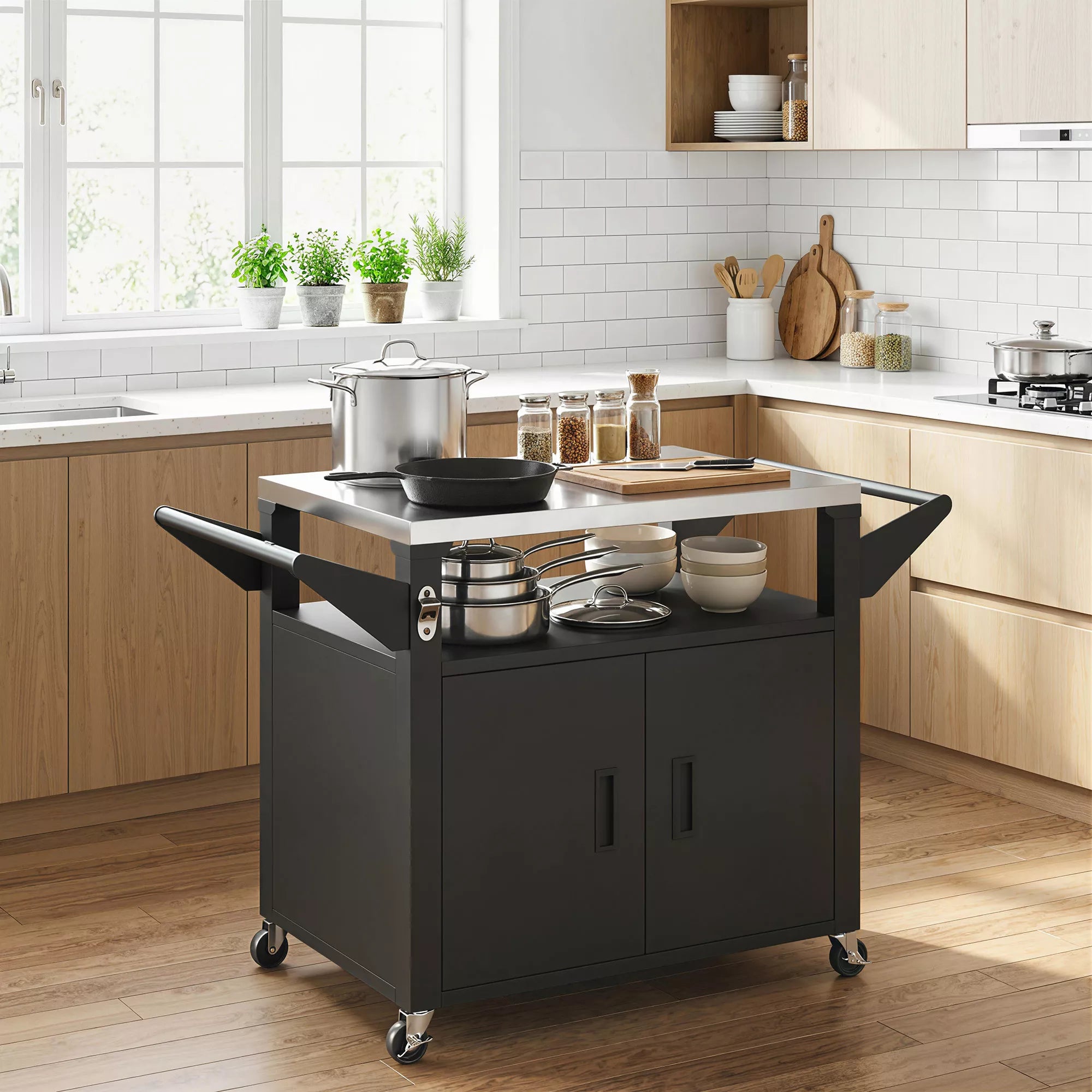 Virtuvinis vežimėlis su ratukais, patiekimo vežimėlis, vežimėlis su spintele, rankenos, nerūdijančio plieno paviršius, 117 x 55 x 78 cm, juodos spalvos