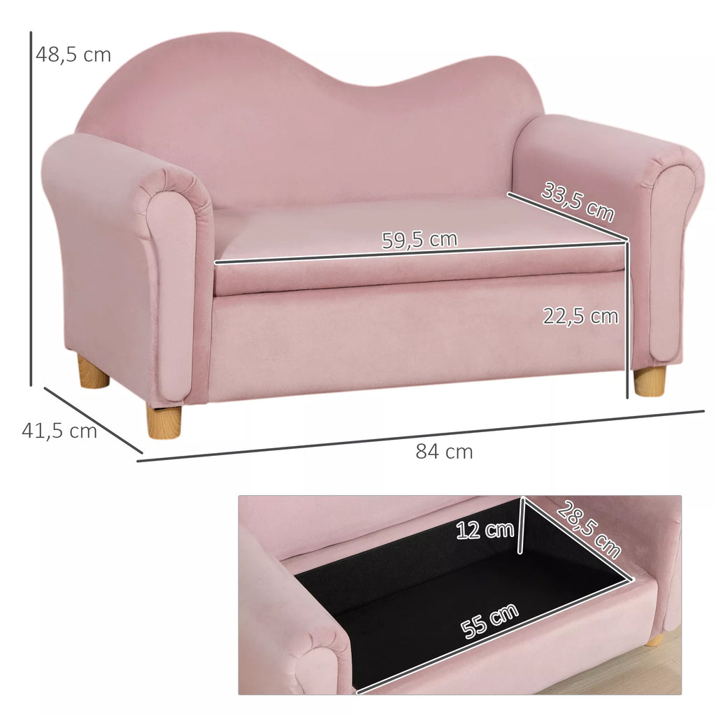Vaikiškas sofos komplektas, dvivietė sofa vaikams nuo 3 iki 5 metų, daiktų laikymo dėžė, natūralaus medžio rėmas, 84 x 41,5 x 48,5 cm, rožinė