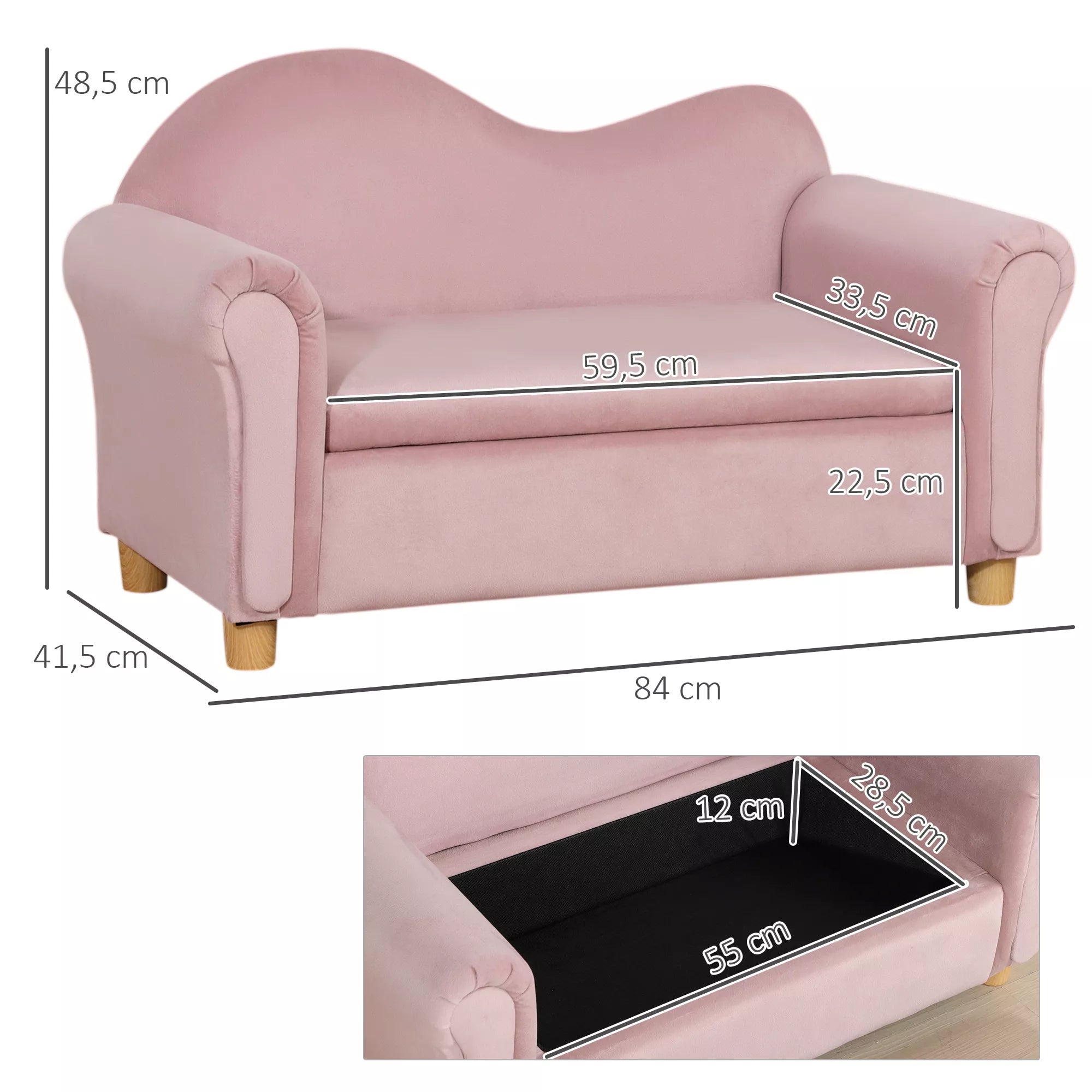Vaikiškas sofos komplektas, dvivietė sofa vaikams nuo 3 iki 5 metų, daiktų laikymo dėžė, natūralaus medžio rėmas, 84 x 41,5 x 48,5 cm, rožinė