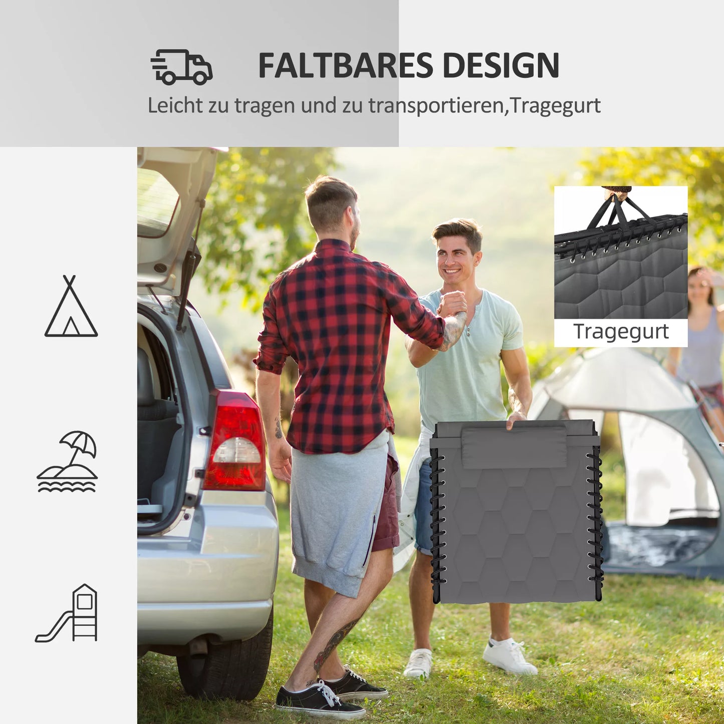 Gultas sodui, sulankstomas, su pagalve, atsparus oro sąlygoms; 188 cm x 65 cm x 36 cm, pilkas + juodas