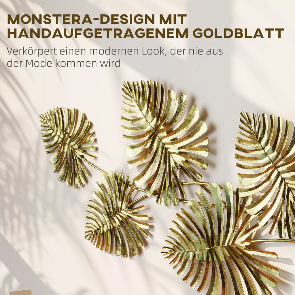 Sienų dekoracija metalinė, monstera lapų formos, 83 cm, auksinė
