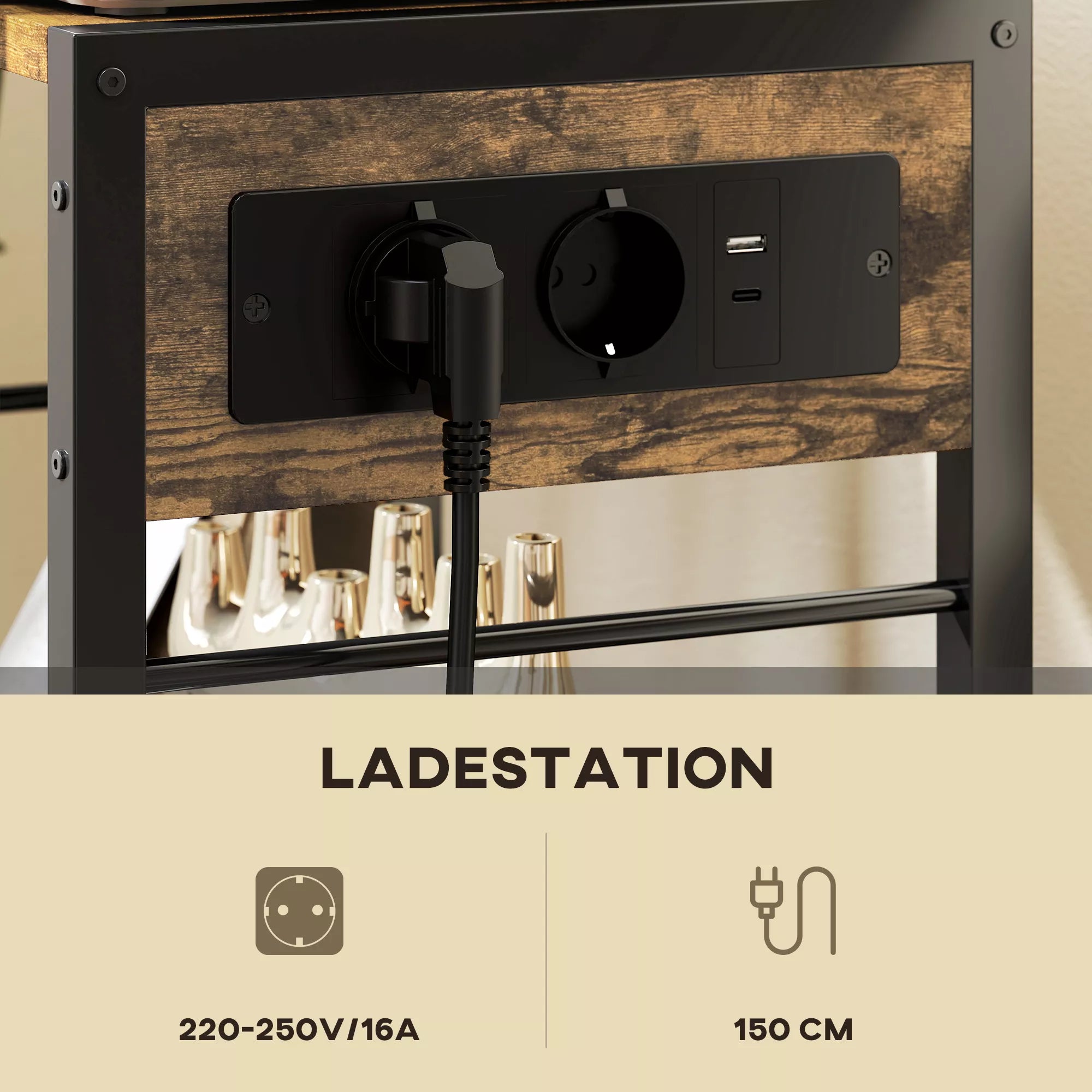 Infografika apie rustikalios rudos lentynos maitinimo stotį: 220–250V/19A, 150 cm laidas