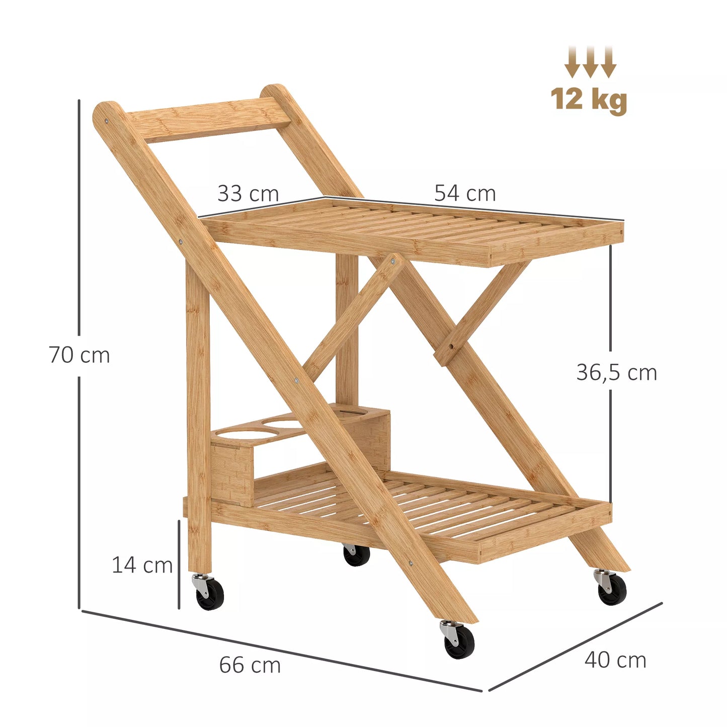 Virtuvės vežimėlis ant ratukų, serviravimo vežimėlis su 3 vyno lentynomis, 2 padėklai, virtuvei, valgomajam, bambuko mediena, šviesiai rudas