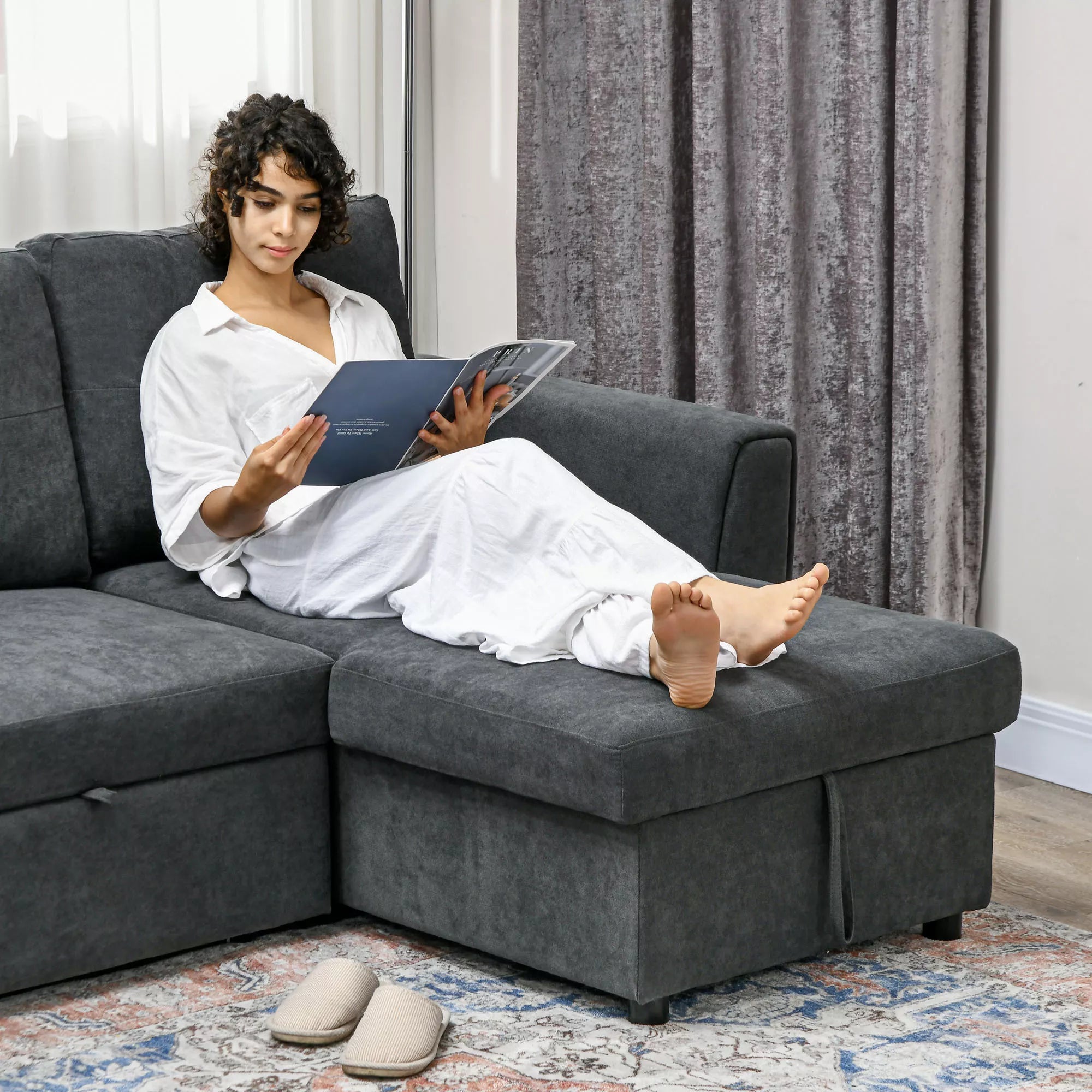 3 vietų sofa su lovos funkcija, miegamoji sofa su šezlongu, minkšta sofa, tamsiai pilka