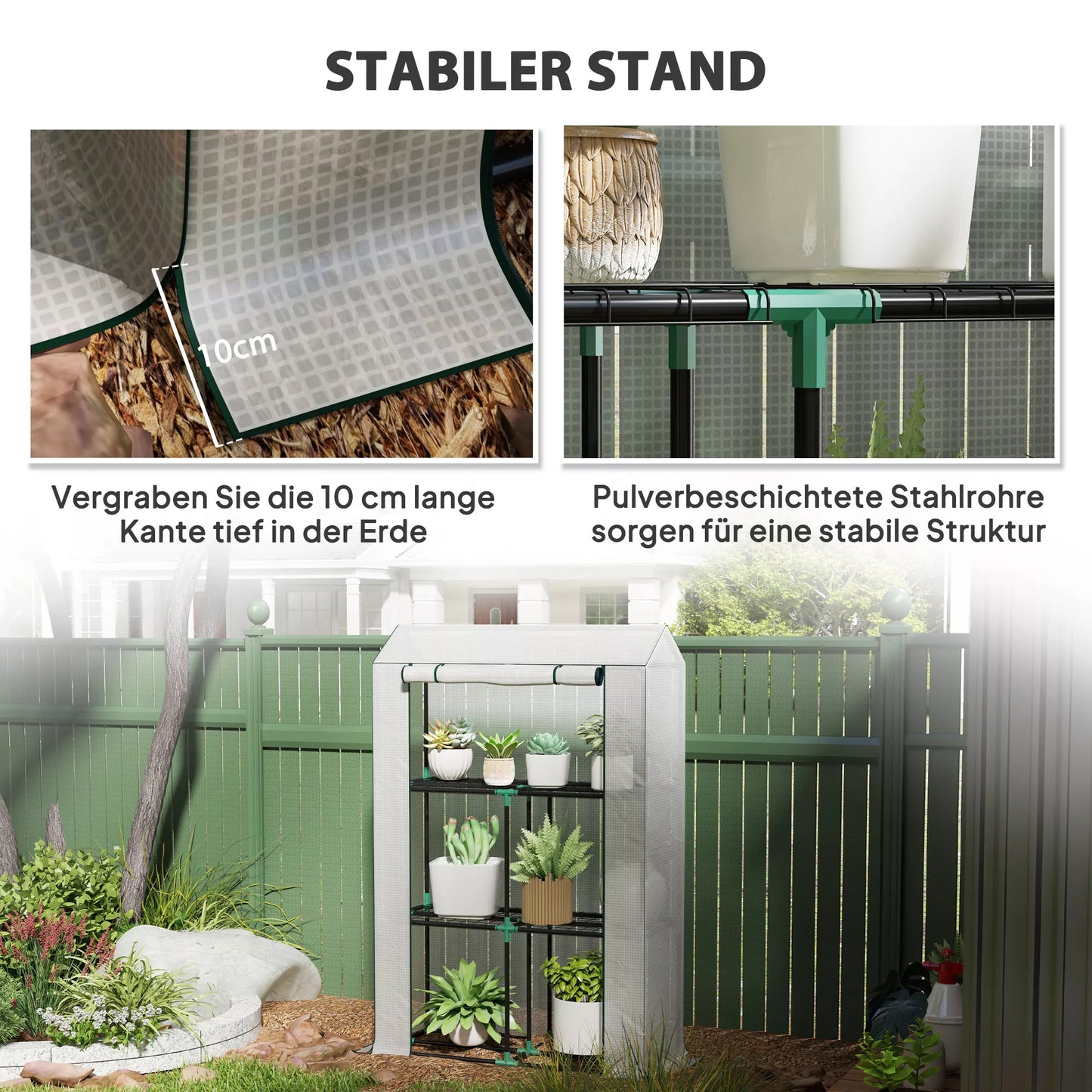 Šiltnamis su 3 pakopų lentyna, UV spinduliams atspariu plastikiniu dangčiu, ritininėmis durimis, 100 x 40 x 150 cm, baltas