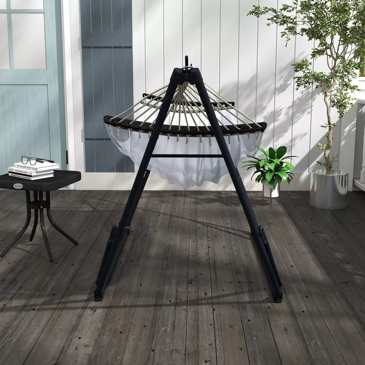 Hamako stovas su hamaku Stovas hamakui, 263 cm x 89 cm x 100 cm, juodas + baltas
