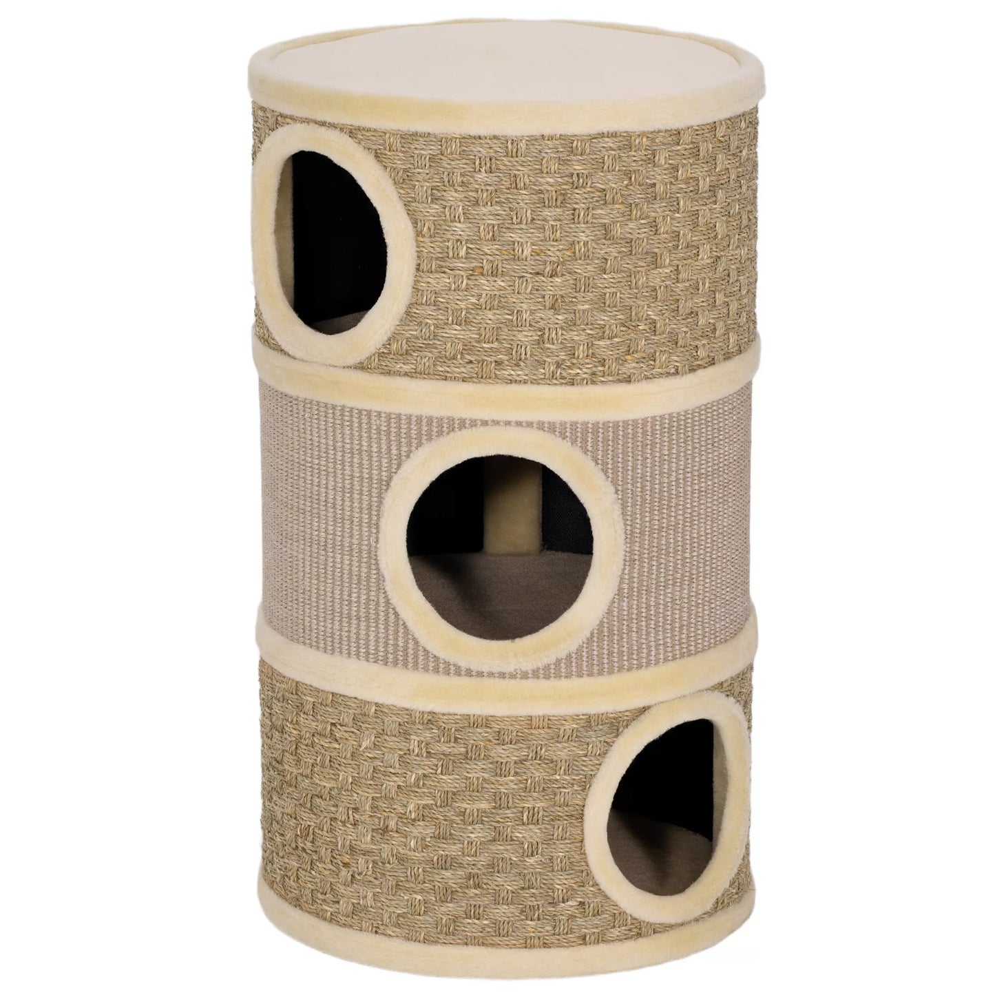Katės draskyklė, 79 cm aukščio, Ø45 cm, trijų aukštų katės namelis su sizalio virve, katės urvelis, didelėms katėms, Chaki+Ruda
