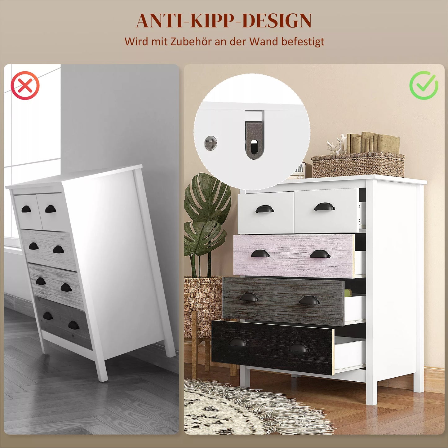 Indauja, komoda, 5 stalčiai, lakuotas paviršius, MDF ir pušies mediena, 70 x 38 x 85 cm, balta