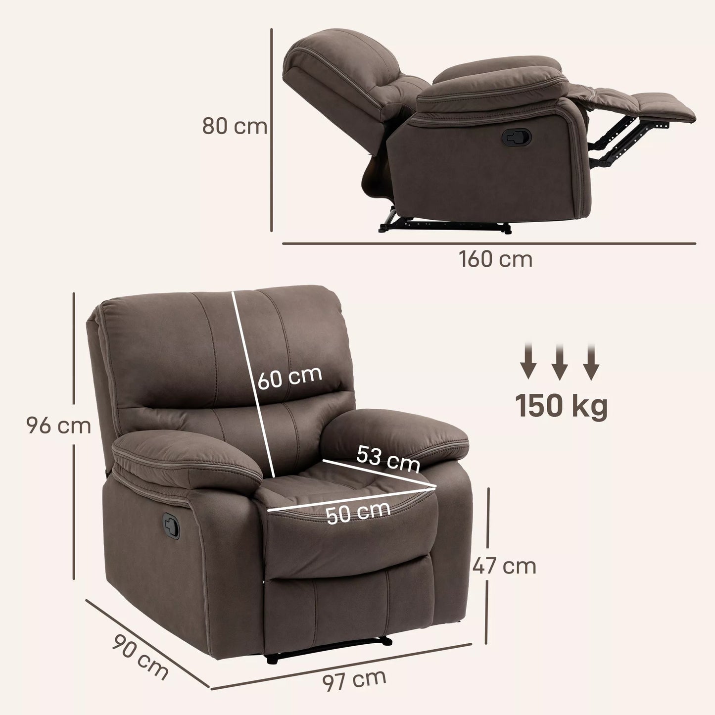 HOMCOM Minkštas fotelis su kojų atrama, poilsio fotelis atlošiamas, mikropluošto danga odos imitacijos, metalo konstrukcija, rudas