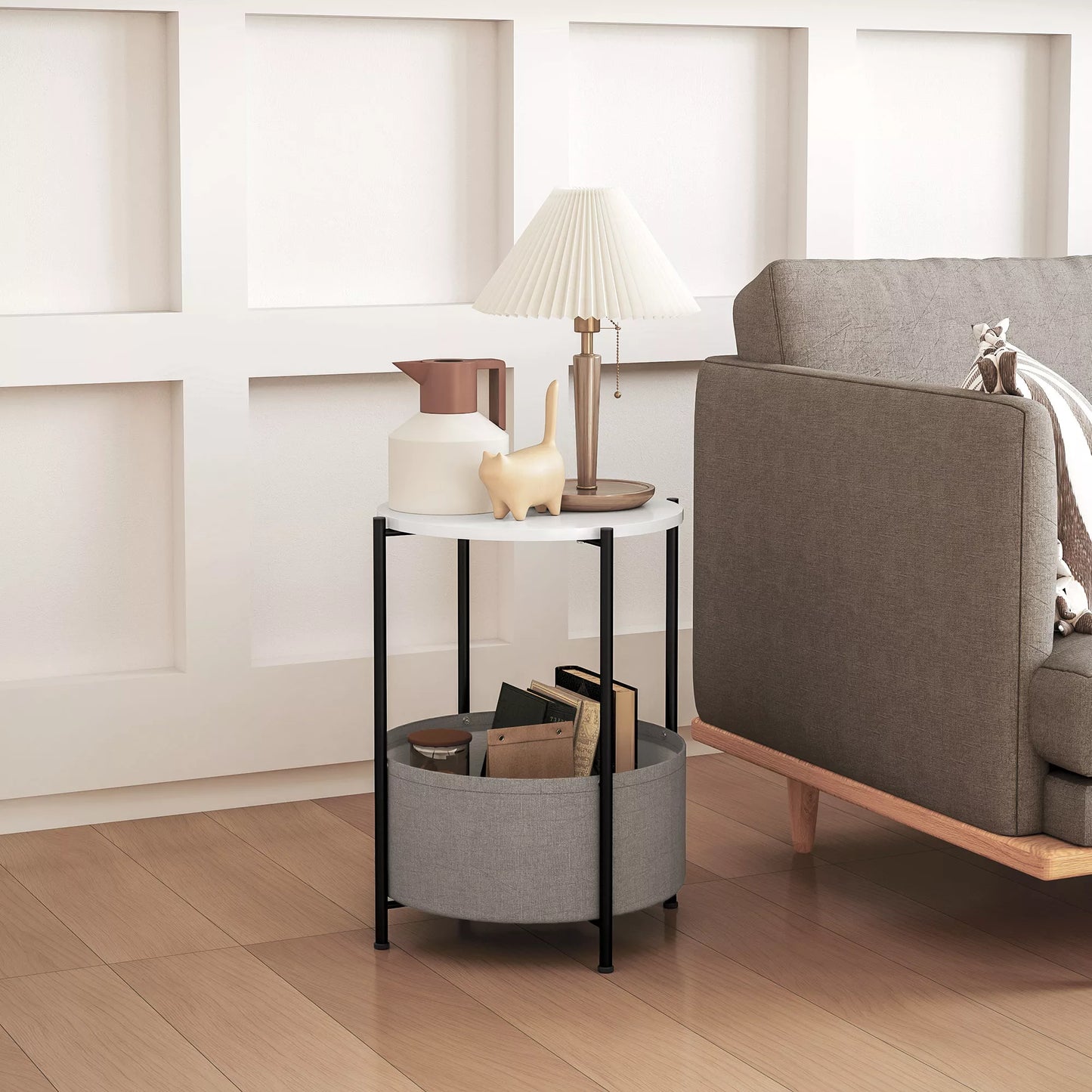 Apvalus staliukas su medžiaginiu krepšiu, 2 pakopų kavos staliukas svetainei, miegamajam, mažoms erdvėms, metalas, pilka+balta