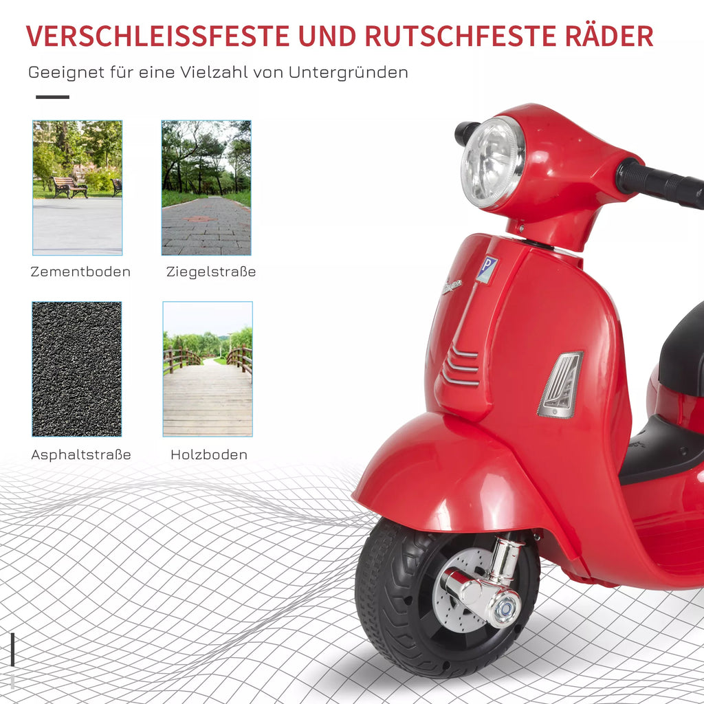 Elektrinis vaikų motociklas „Vespa“ Elektrinis motociklas su LED šviesa, garsu, vaikų elektrinis motociklas vaikams nuo 18 iki 36 mėnesių Raudonas