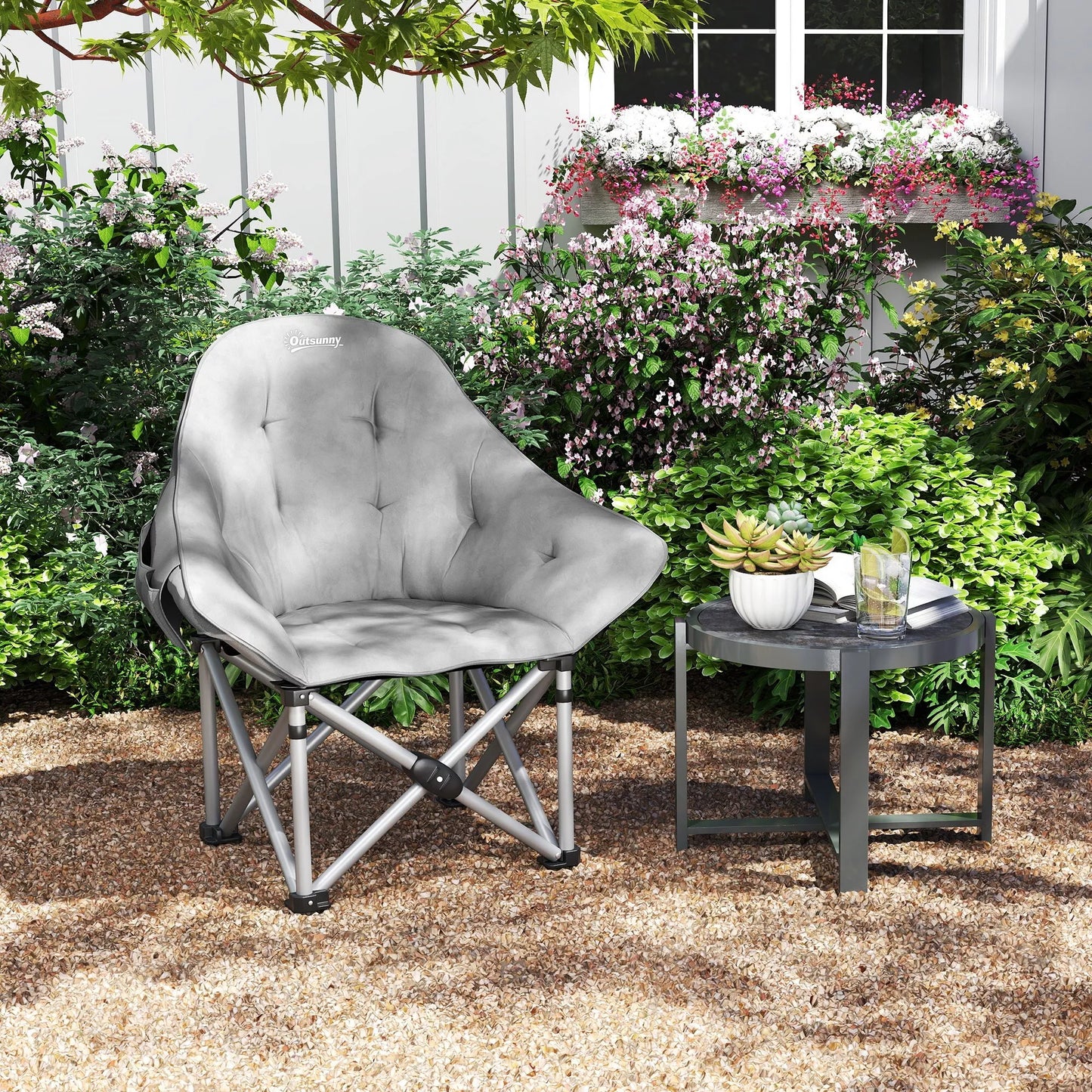 Sulankstoma Kempingo Kėdė su Šonine Kišene ir Nešiojimo Krepšiu, Paminkštinta, Iki 120kg Apkrovos, Tamsiai Pilka