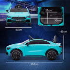 Šviesiai mėlyno vaikų elektromobilio matmenų schema su išmatavimais