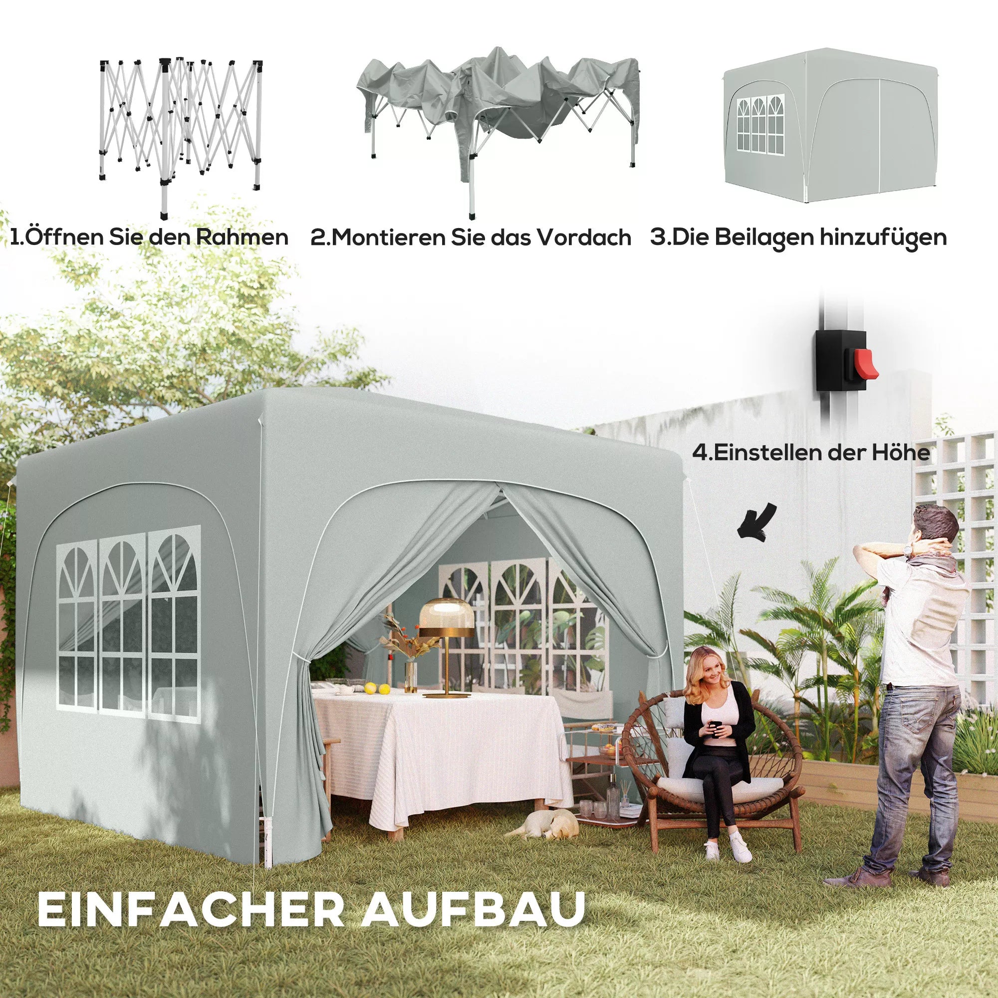 3 x 3 m Paviljonas, „Pop-up“ sodo palapinė su šoninėmis sienelėmis ir nešiojimo krepšiu, UPF50+, reguliuojamo aukščio, smėlio spalvos