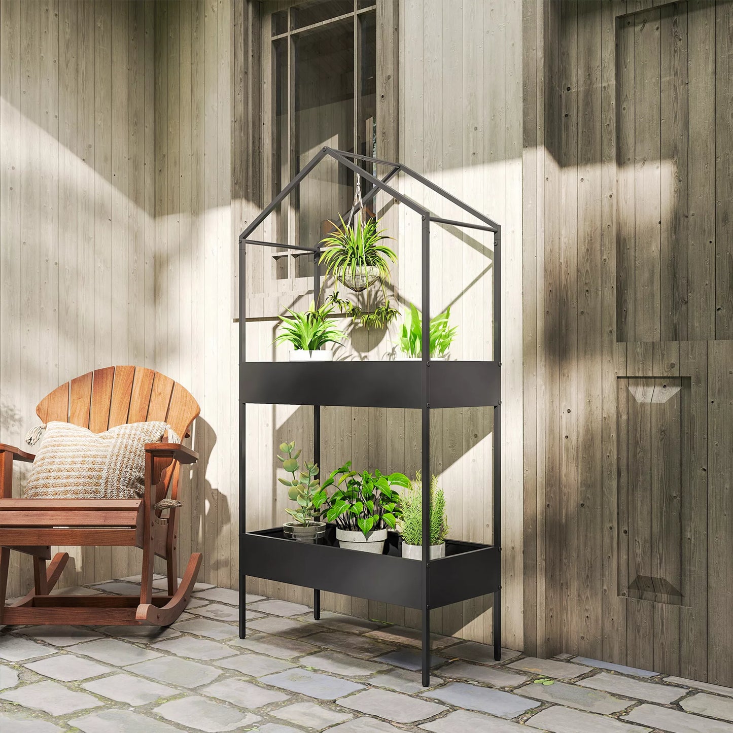 Stovas gėlėms, augalams, namelio formos, 2 aukštų gėlių stovas su kabliukais, plienas, 150 cm aukščio, juoda