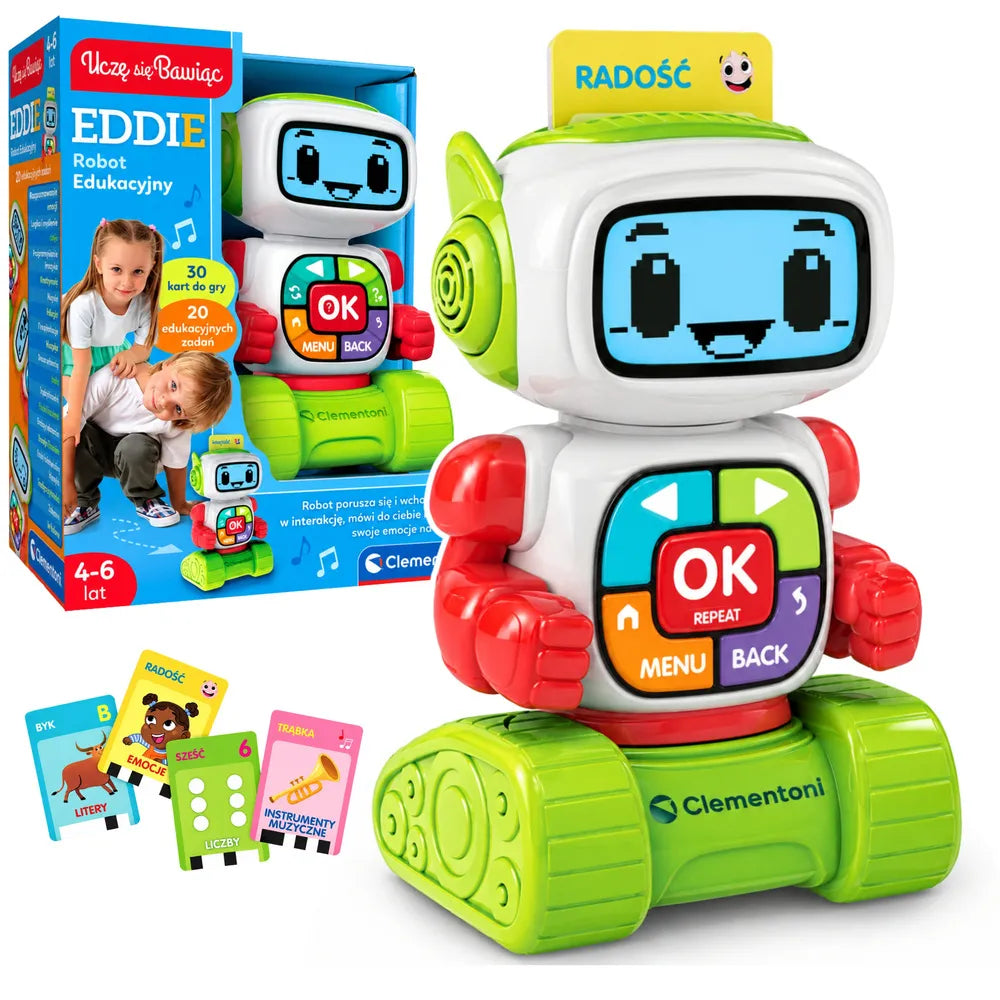 Edukacinis robotas Clementoni Eddie, 20 užduočių, 4-6 metų vaikams, 20x11x25 cm