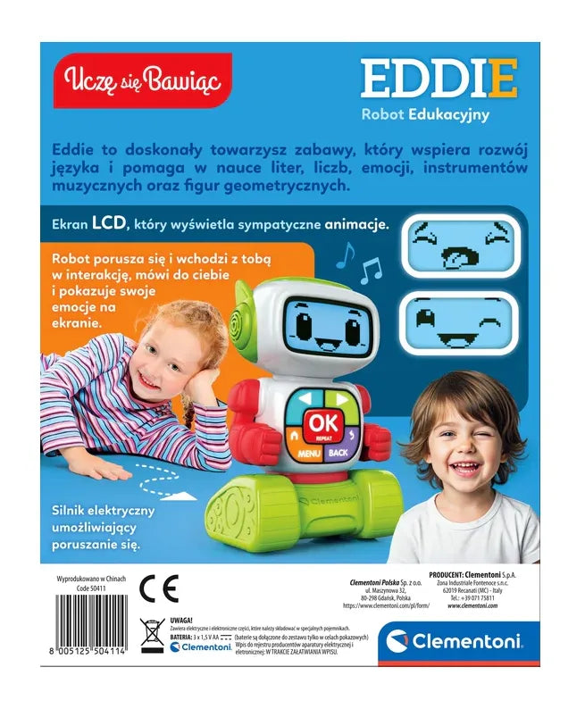 Edukacinis robotas Clementoni Eddie, 20 užduočių, 4-6 metų vaikams, 20x11x25 cm