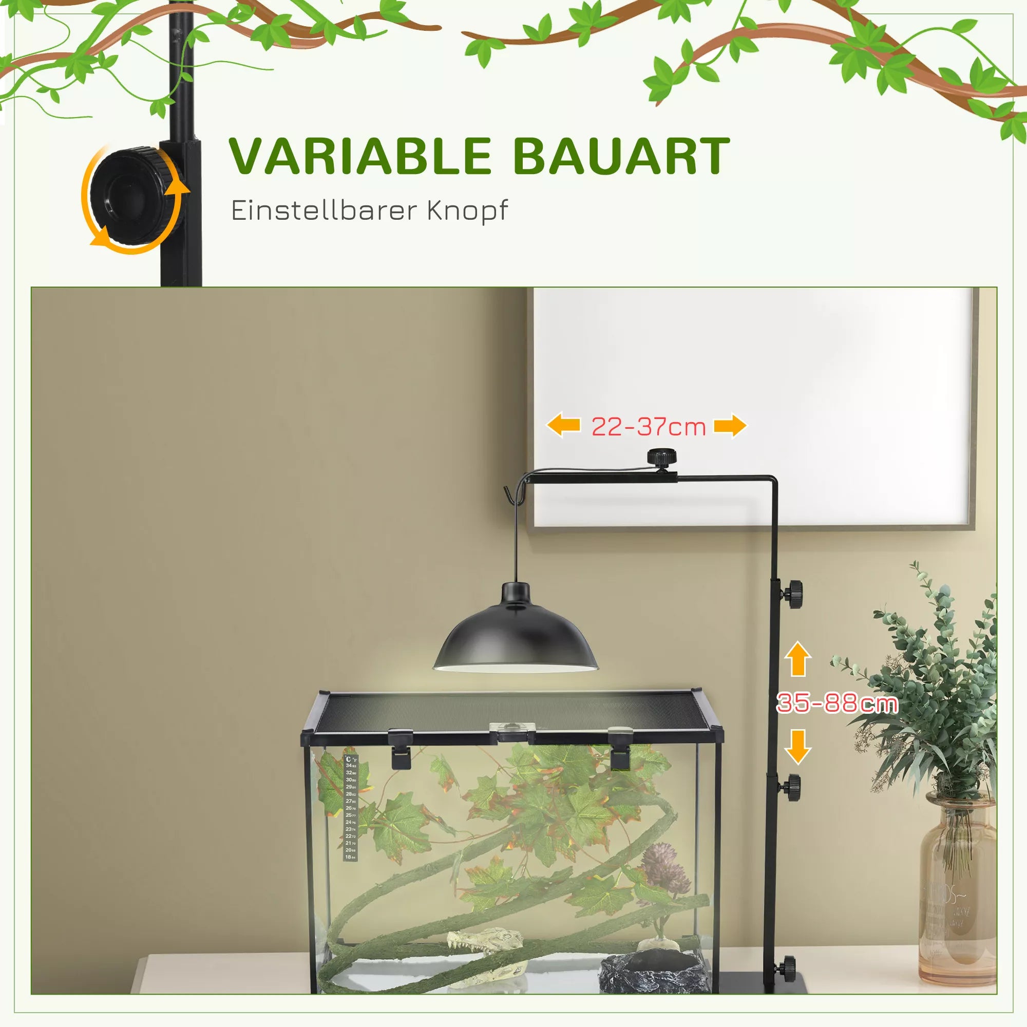 Šildymo lempos stovas terariumams, reguliuojamo aukščio, 40x15x95cm, Juodas