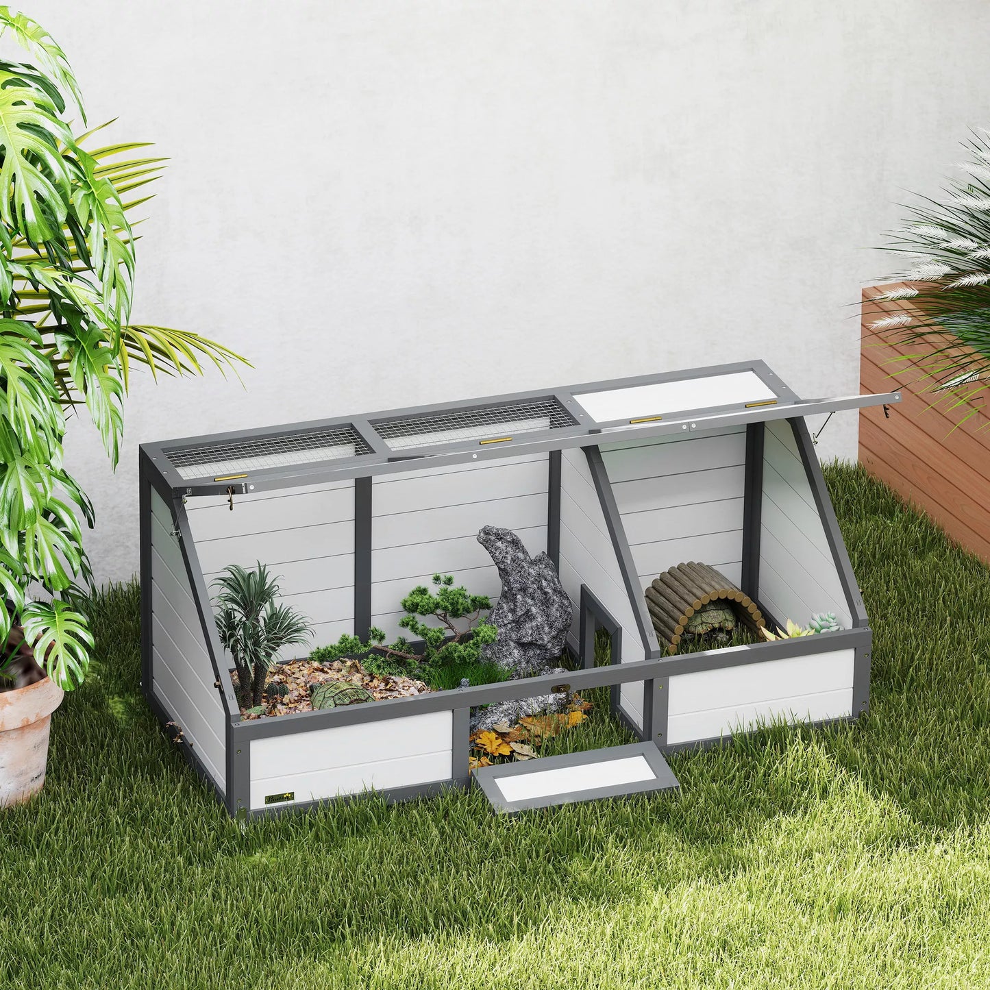 Vėžlių dėžė, lauko vėžlių aptvaras, be dugno, lengvai atidaromas, vėžlių namelis, baltas