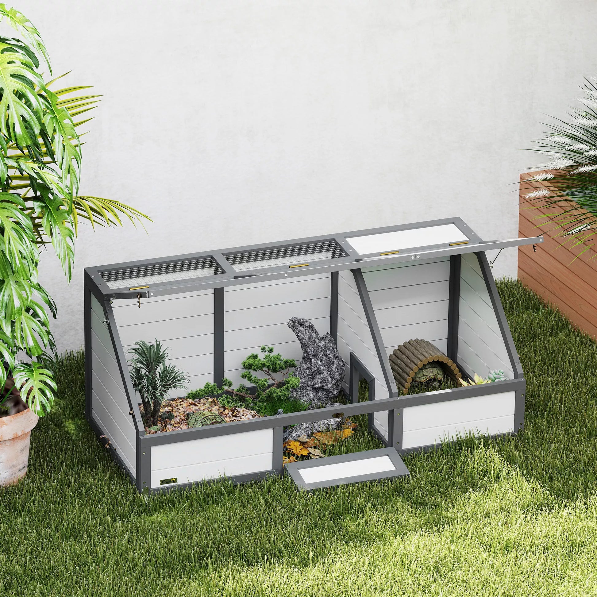 Vėžlių dėžė, lauko vėžlių aptvaras, be dugno, lengvai atidaromas, vėžlių namelis, baltas