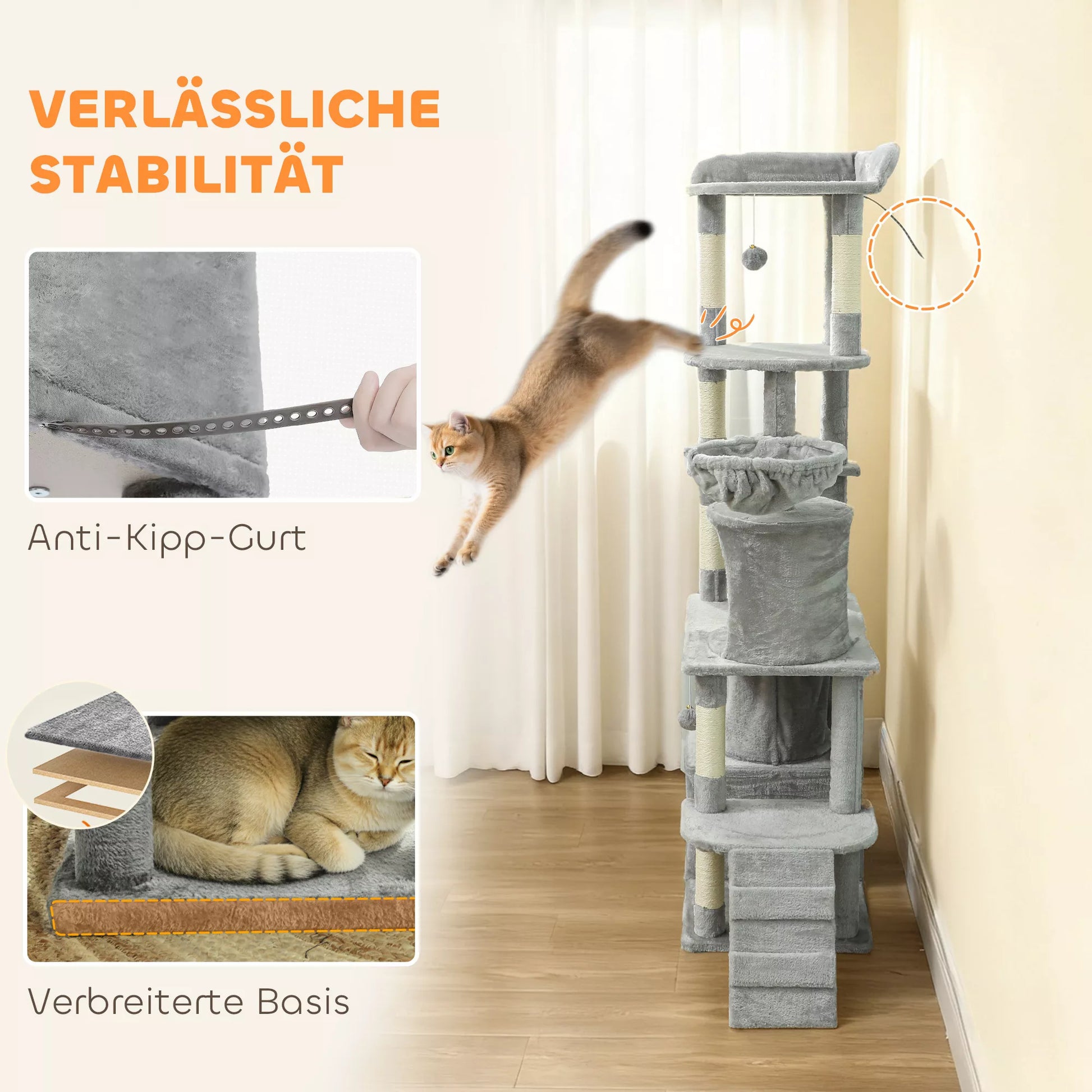 Kačių draskyklė, 170 cm, su tuneliu, nišomis, didele baze, sizaliniais stulpais, šviesiai pilka